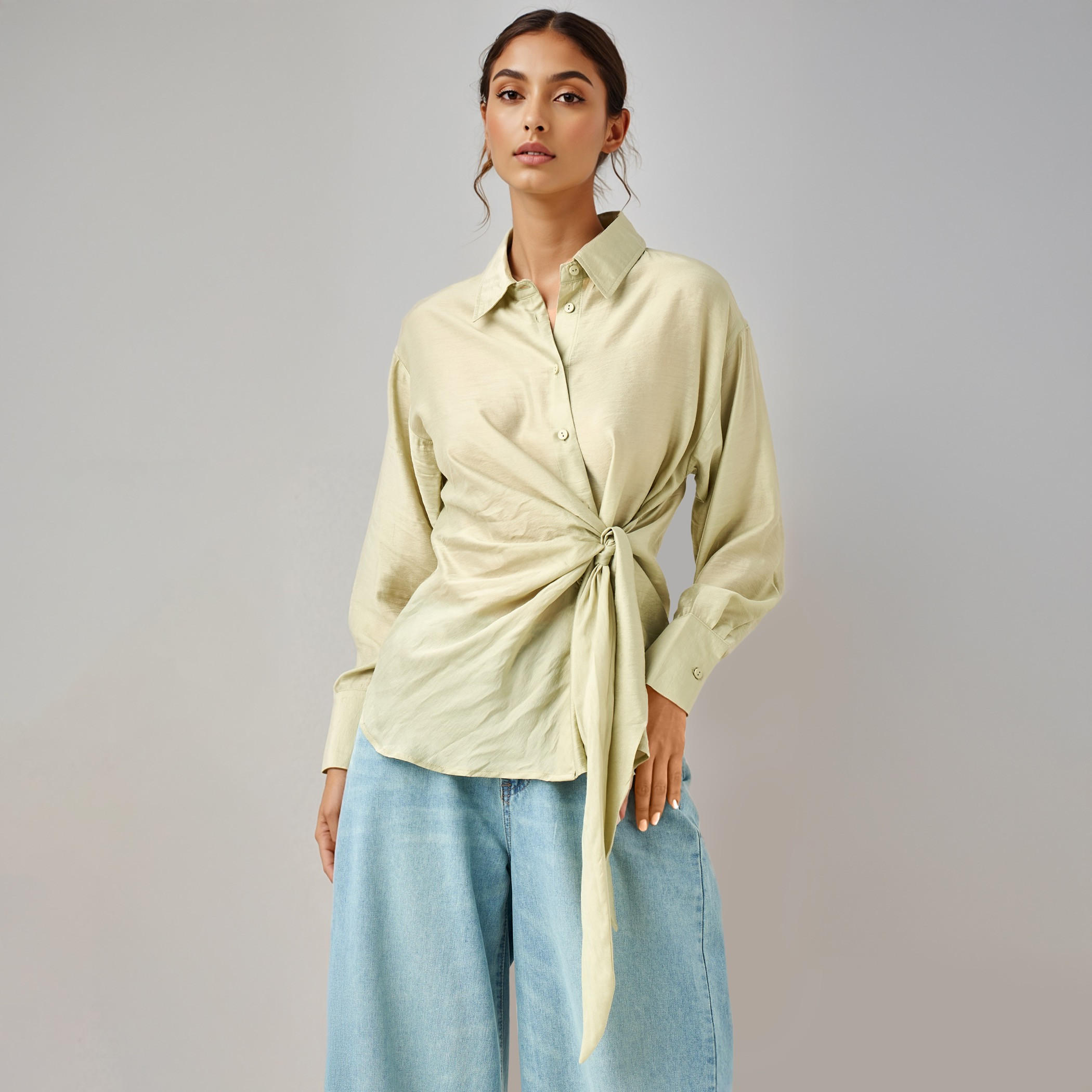 Iconic Regular Fit Knot Detail Collared Shirt-women-clothing-shirtsandblouses-shirts-image-1