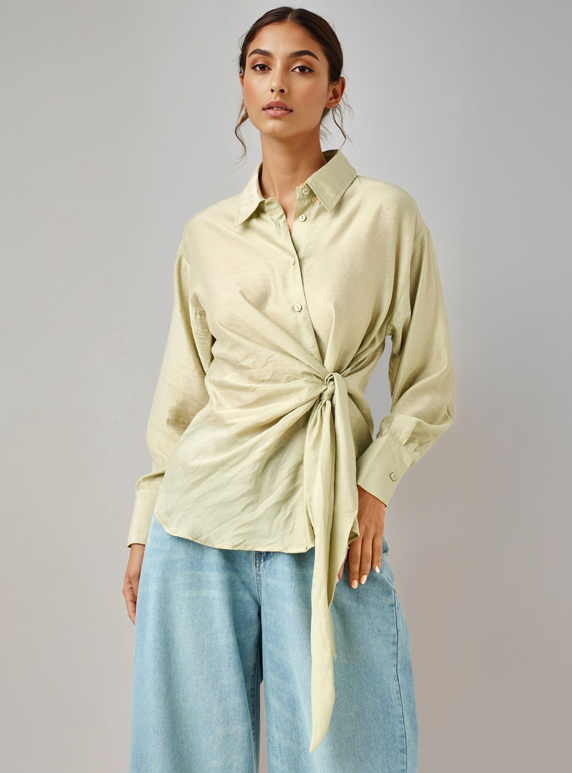 Iconic Regular Fit Knot Detail Collared Shirt-women-clothing-shirtsandblouses-shirts-image-1