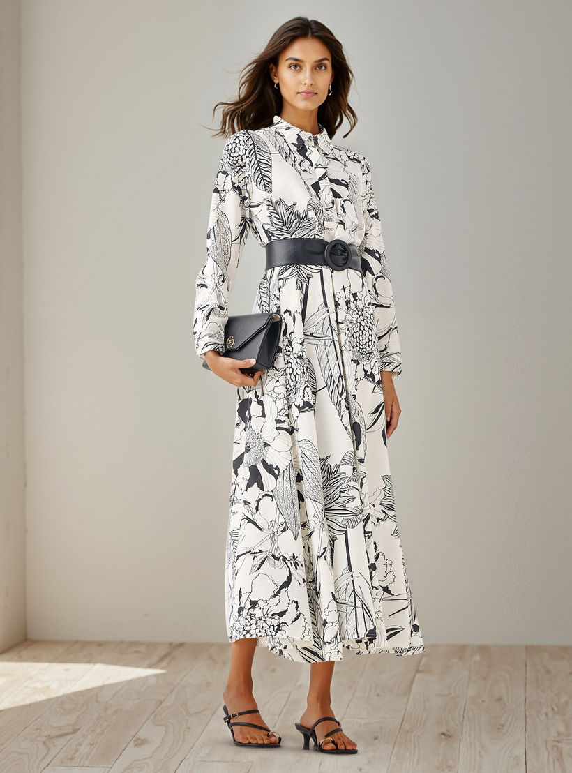 فستان ماكسي فضفاض بياقة عادية وأكمام طويلة وطبعات من آيكونيك-women-clothing-dresses-image-1