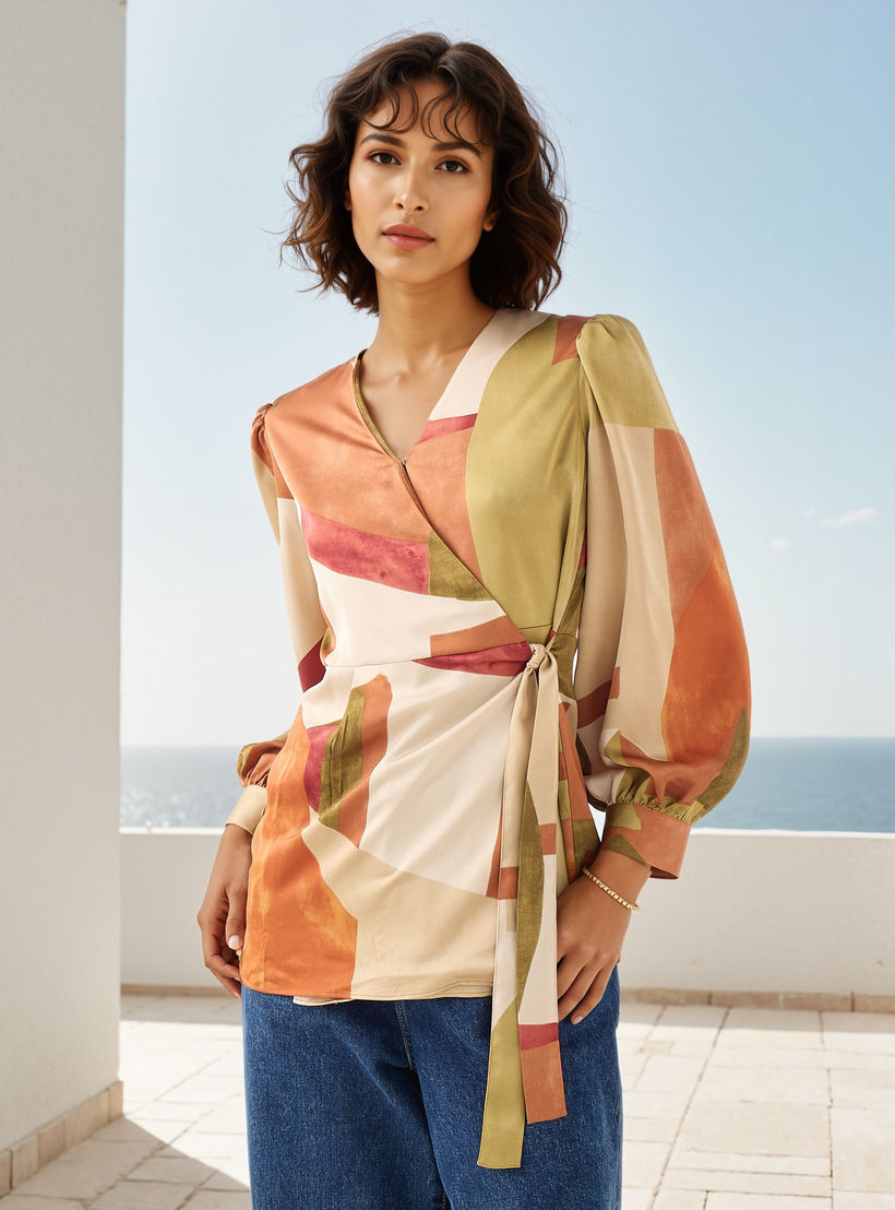 Iconic Printed V-neck Wrap Top with Long Sleeves and Tie-Up Detail-women-clothing-shirtsandblouses-blouses-image-1