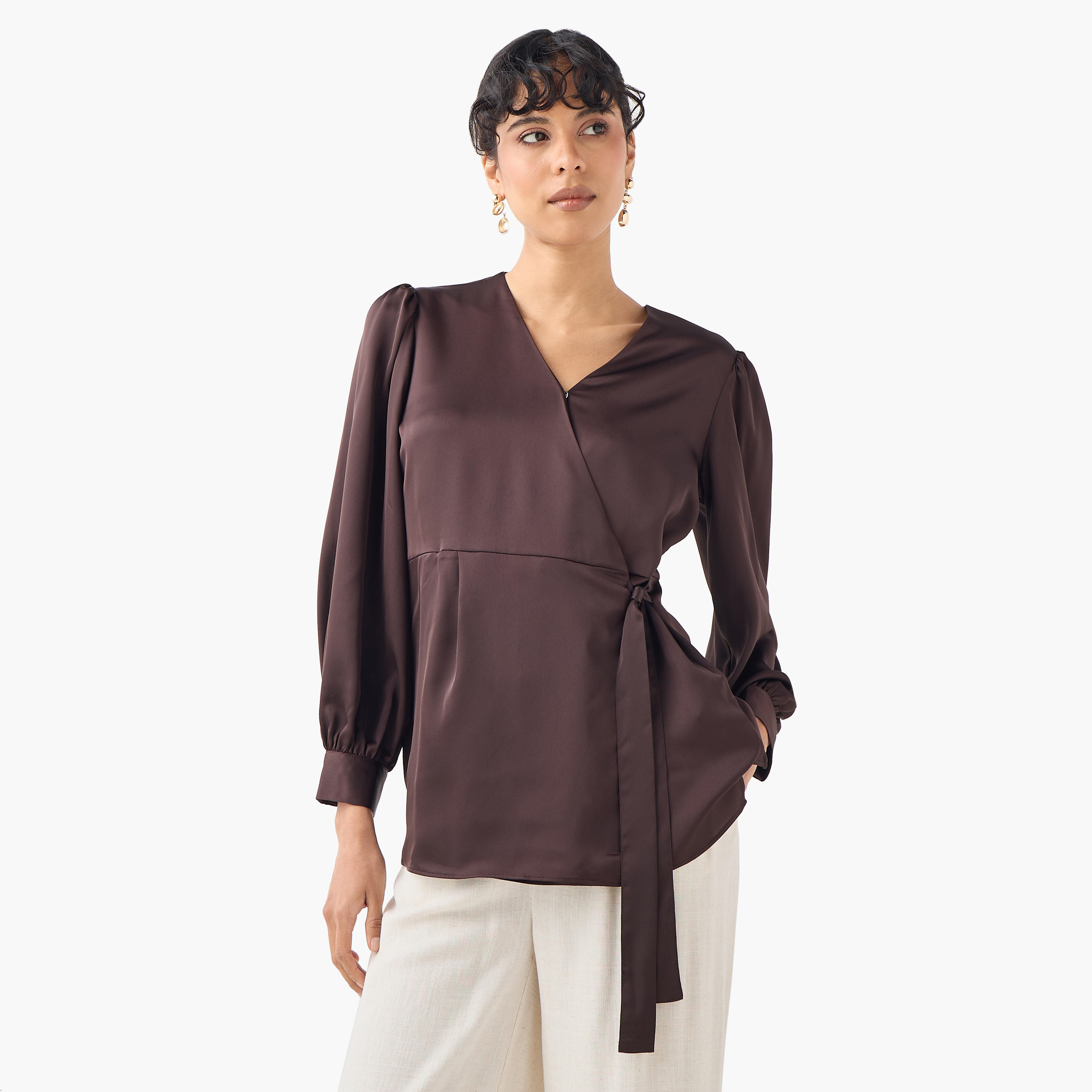 Iconic V-neck Wrap Top with Long Sleeves and Tie-Up Detail-women-clothing-shirtsandblouses-blouses-image-1