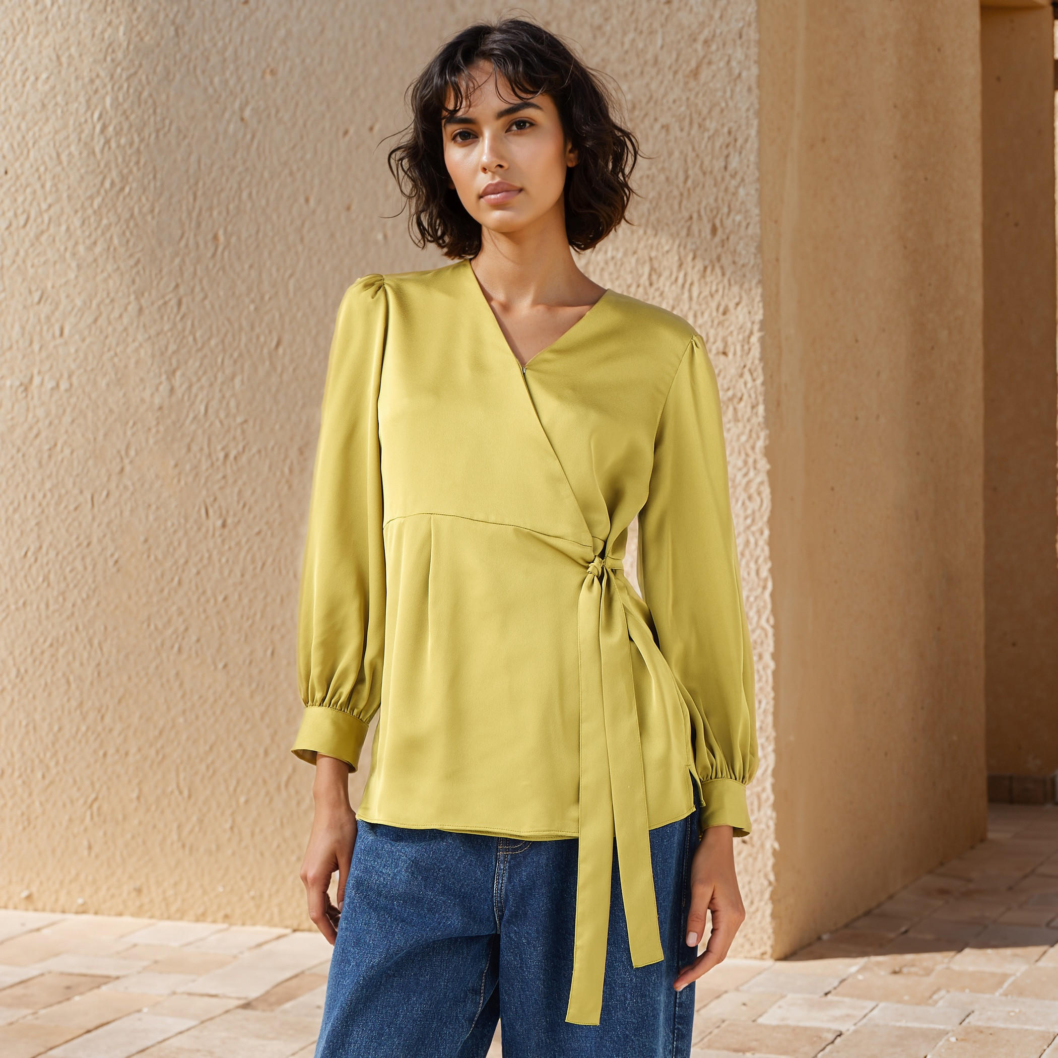 Iconic V-neck Wrap Top with Long Sleeves and Tie-Up Detail-women-clothing-shirtsandblouses-blouses-image-1