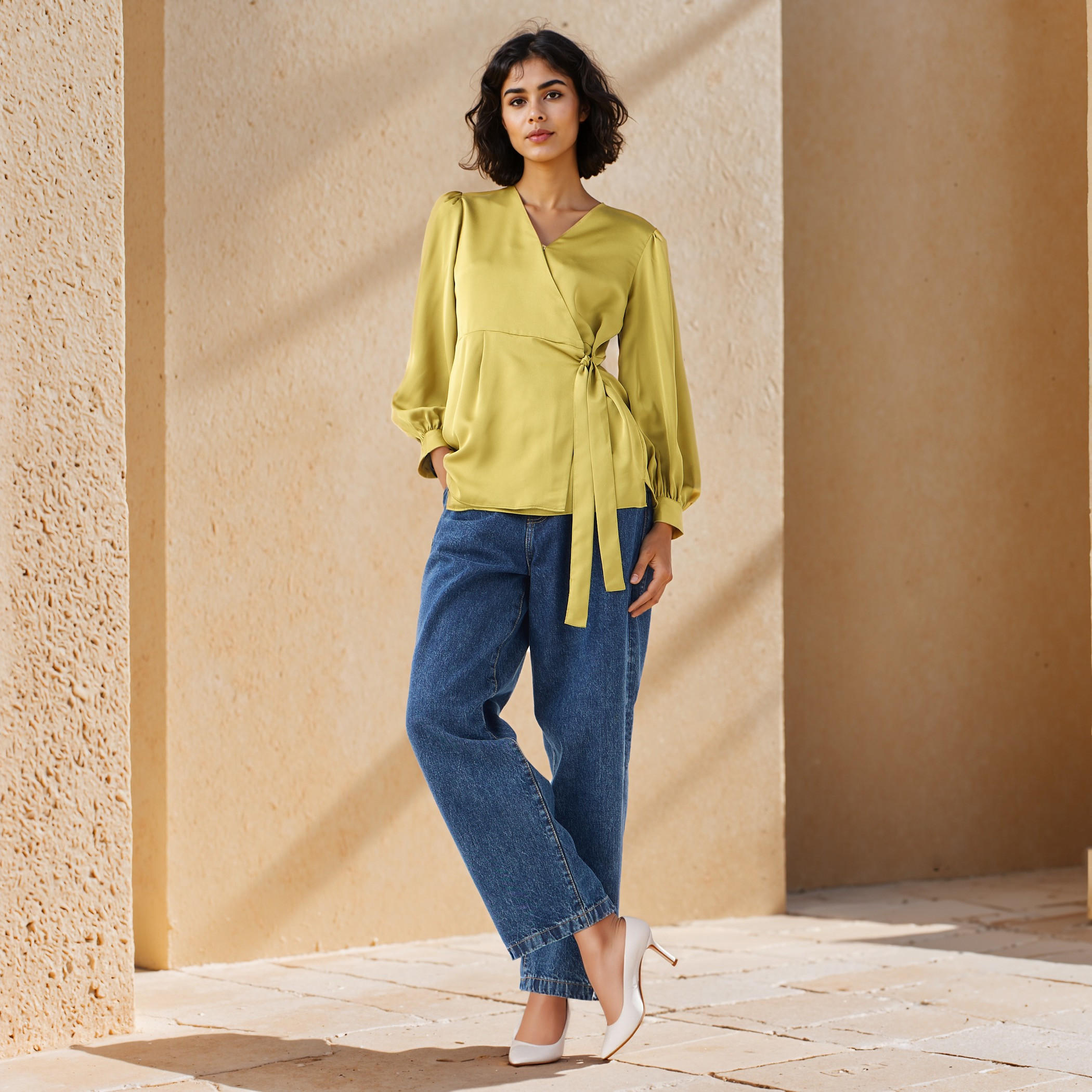 Iconic V-neck Wrap Top with Long Sleeves and Tie-Up Detail-women-clothing-shirtsandblouses-blouses-image-2