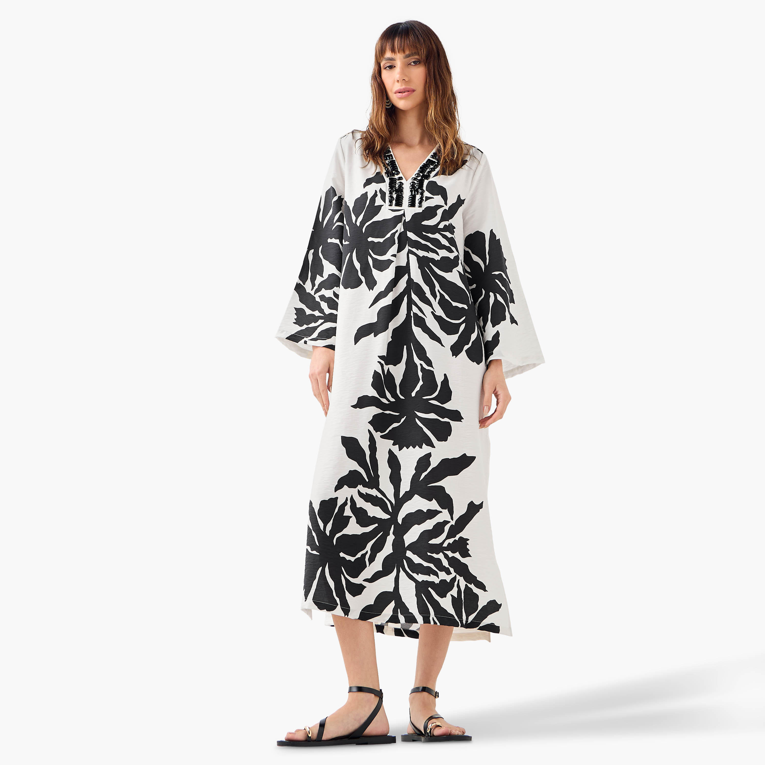 Iconic Embellished V-neck Dress with Slits and Long Sleeves-women-clothing-dresses-image-1