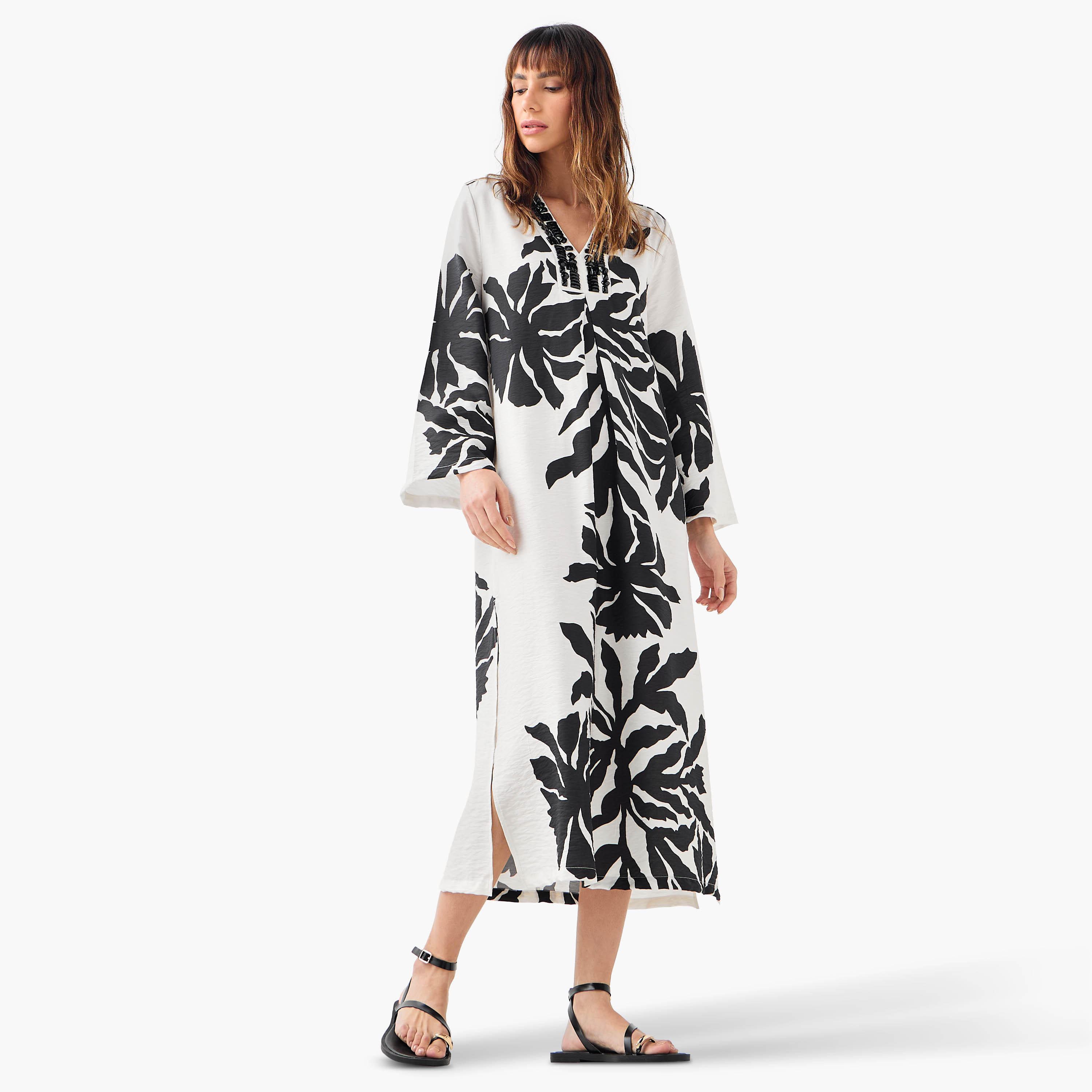 Iconic Embellished V-neck Dress with Slits and Long Sleeves-women-clothing-dresses-image-2