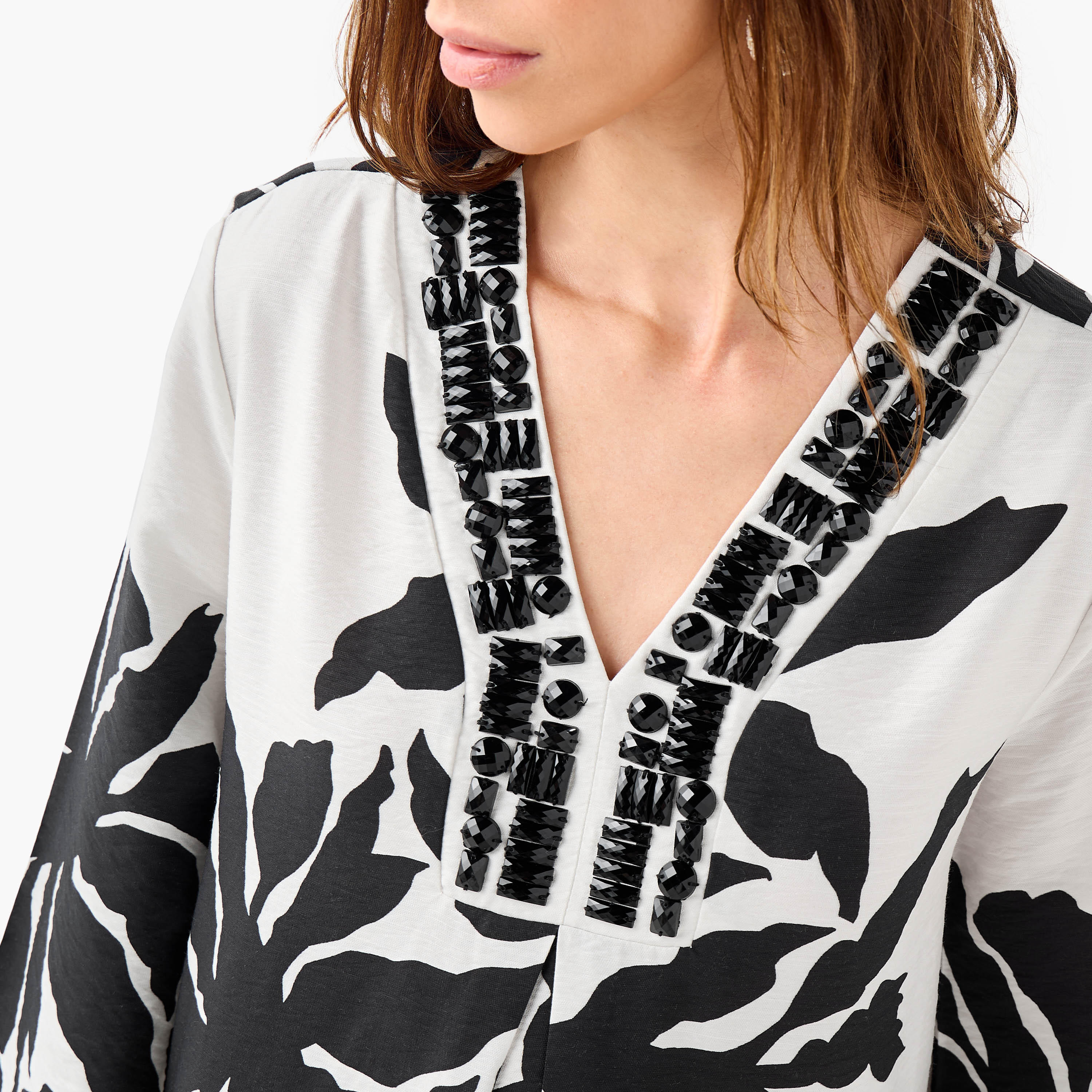 Iconic Embellished V-neck Dress with Slits and Long Sleeves-women-clothing-dresses-image-4