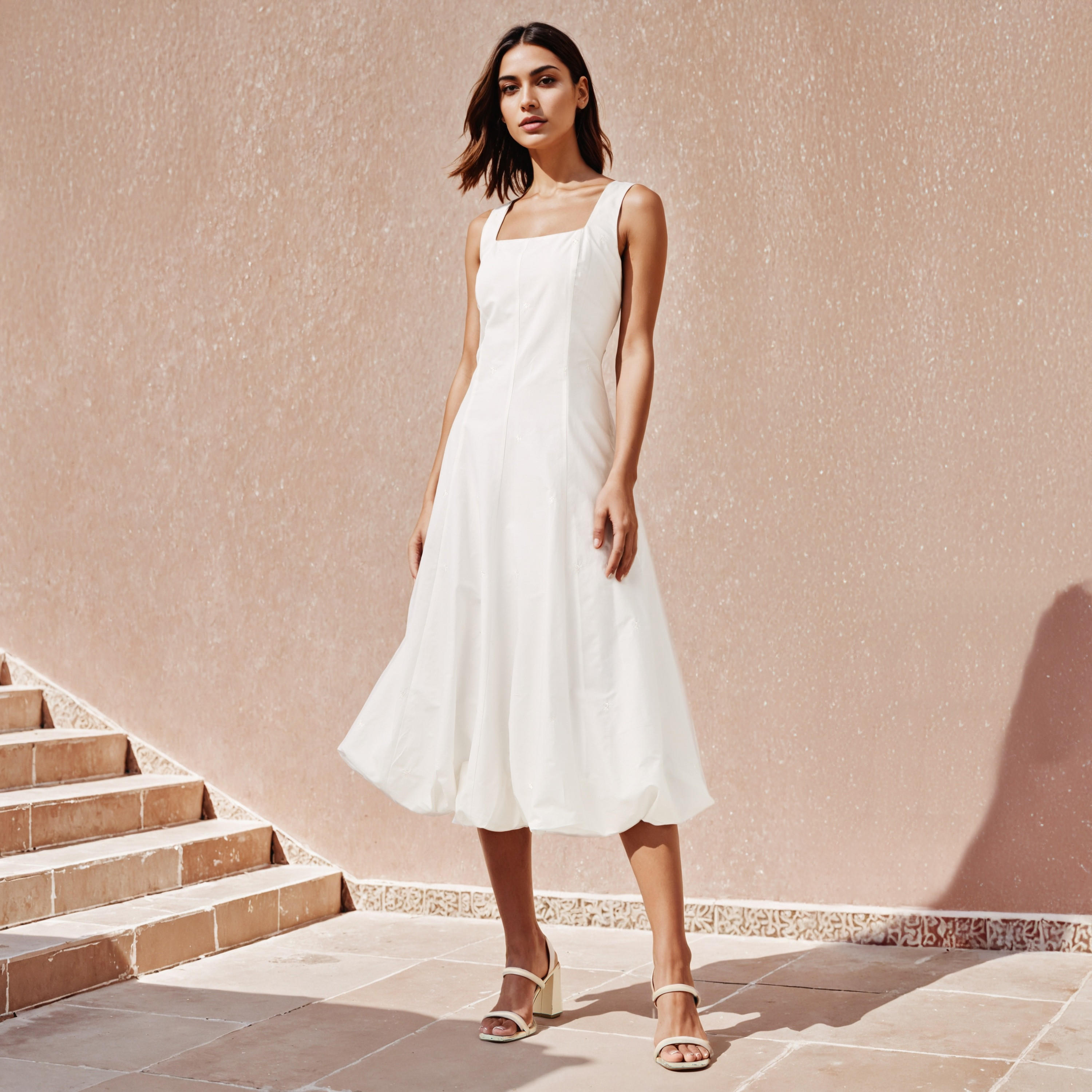 Iconic Square Neck Sleeveless Cotton Dress with Printed Scarf-women-clothing-dresses-image-3
