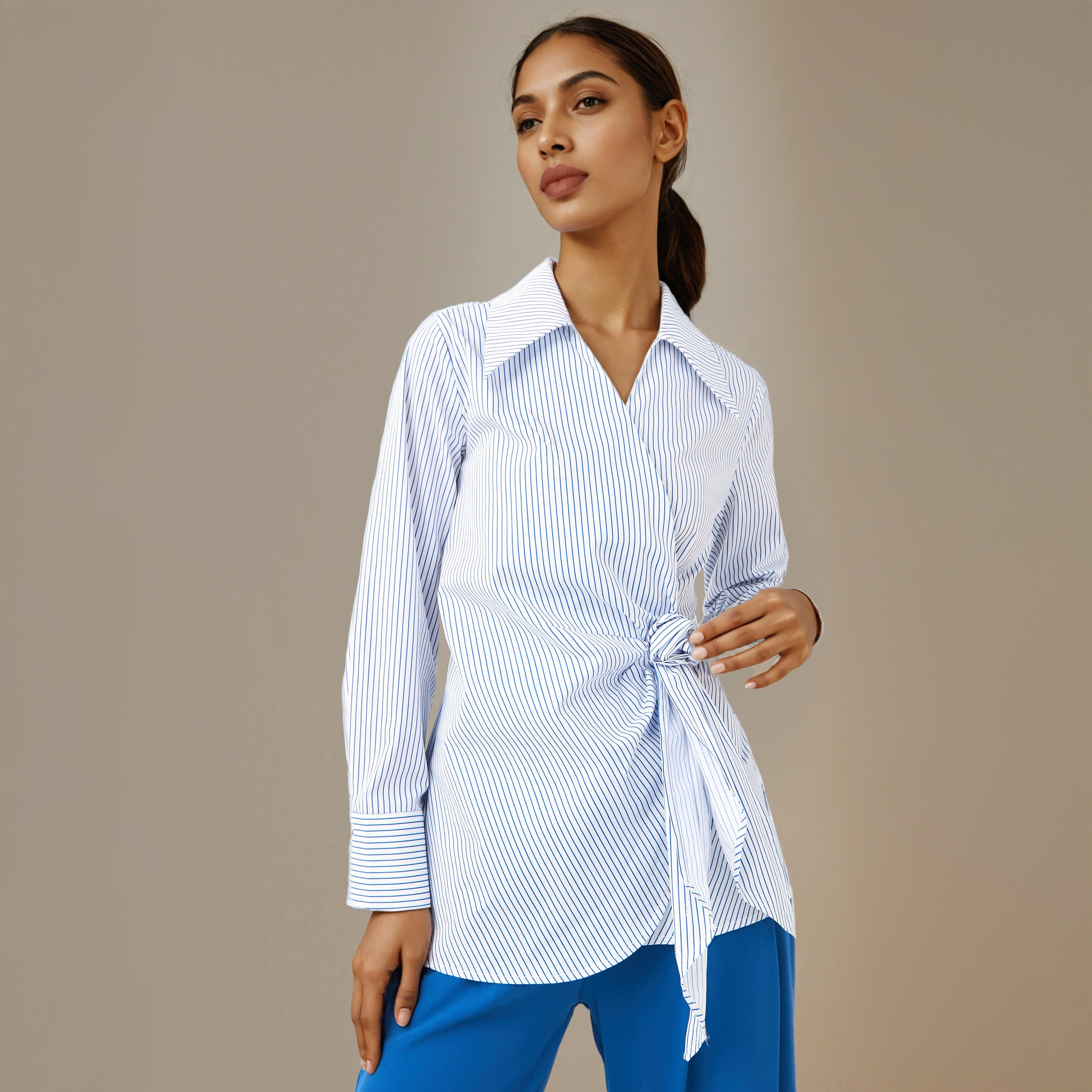 Iconic Striped Wrap Cotton Top with Rosette Detail-women-clothing-shirtsandblouses-blouses-image-1