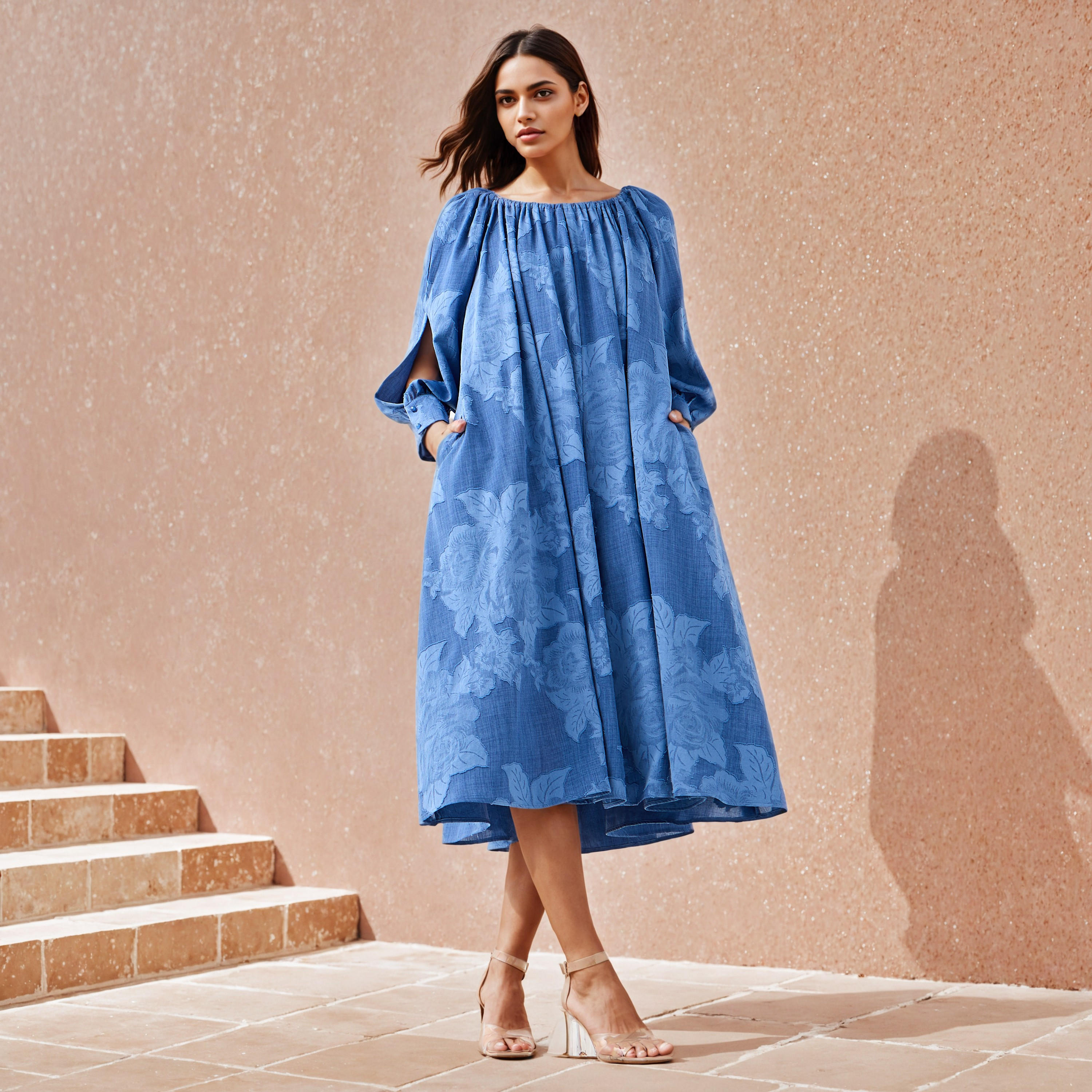 Iconic Floral Gathered Dress with Volume Sleeves and Pockets-women-clothing-dresses-image-2