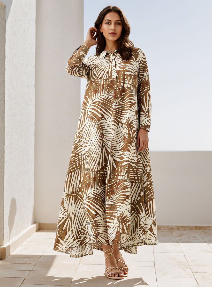 فستان ماكسي بطبعات وياقة عادية من أيكونيك-women-clothing-dresses-image-1