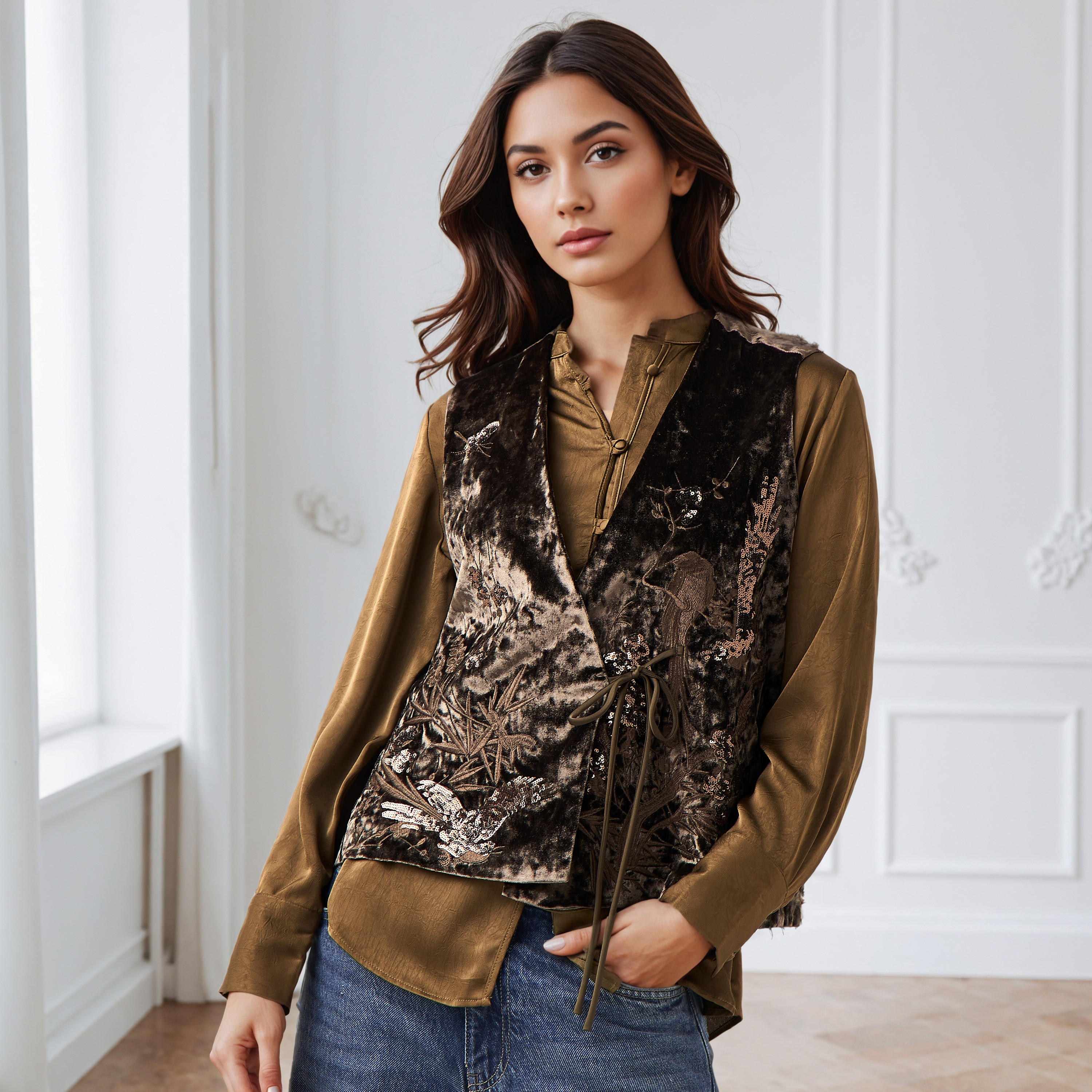 قميص بقصّة عادية مع معطف مخملي مطرز بالترتر من آيكونيك-women-clothing-shirtsandblouses-shirts-image-1