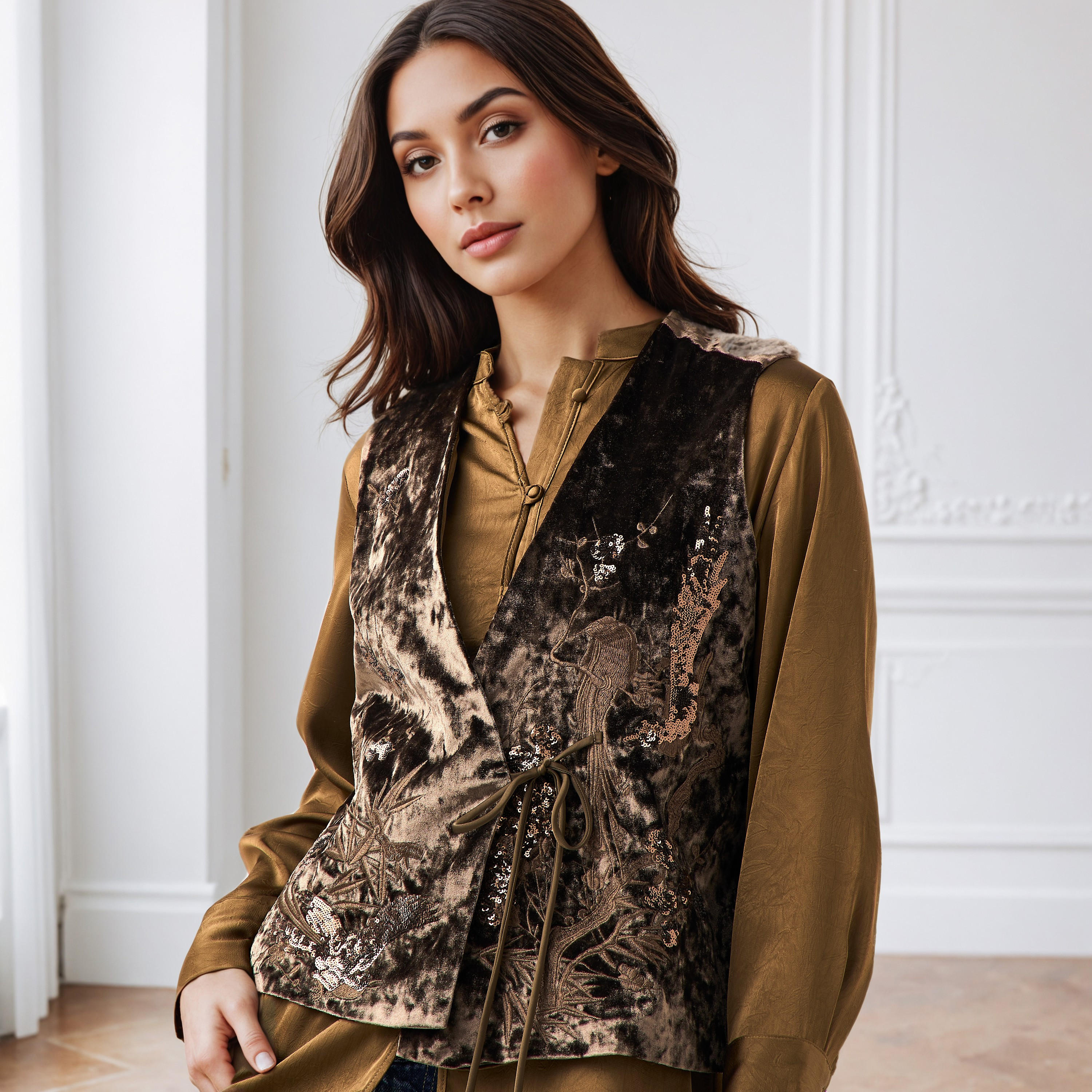 قميص بقصّة عادية مع معطف مخملي مطرز بالترتر من آيكونيك-women-clothing-shirtsandblouses-shirts-image-5