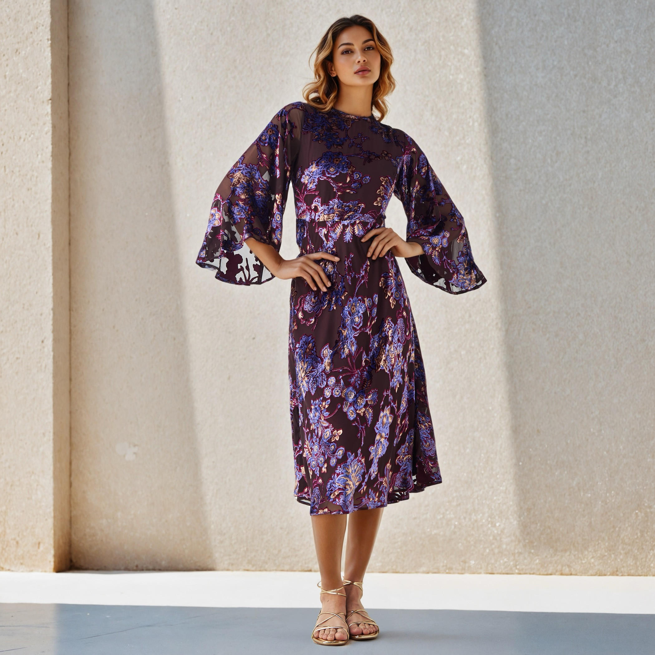 Iconic A-line Midi Dress with Flared Sleeves-women-clothing-dresses-image-1
