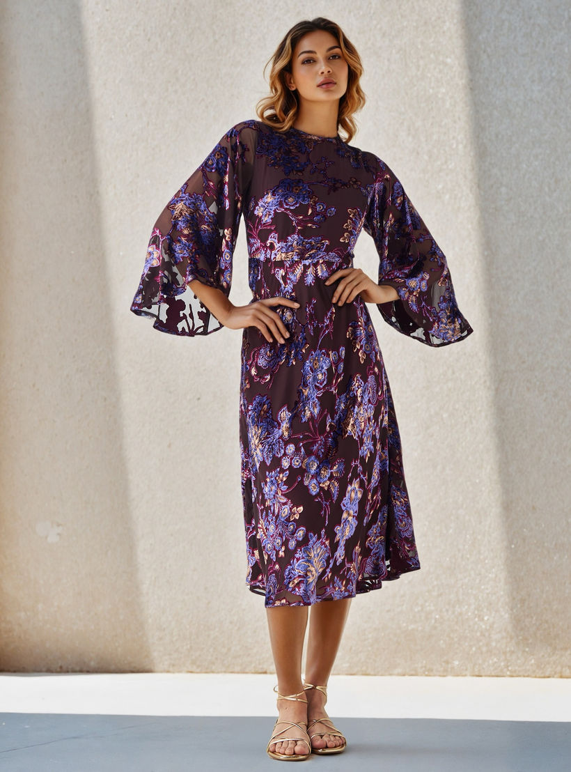 Iconic A-line Midi Dress with Flared Sleeves-women-clothing-dresses-image-1