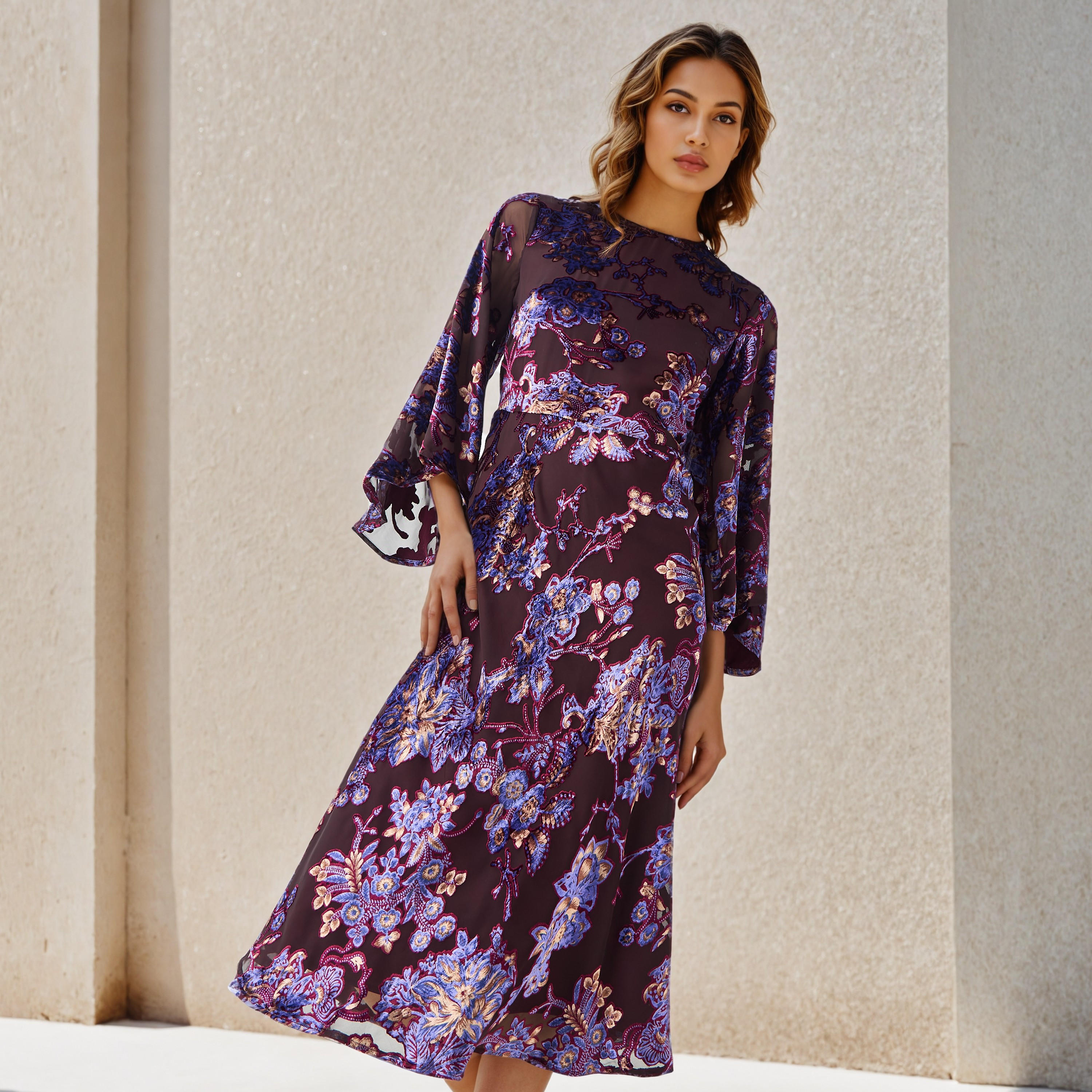 Iconic A-line Midi Dress with Flared Sleeves-women-clothing-dresses-image-2