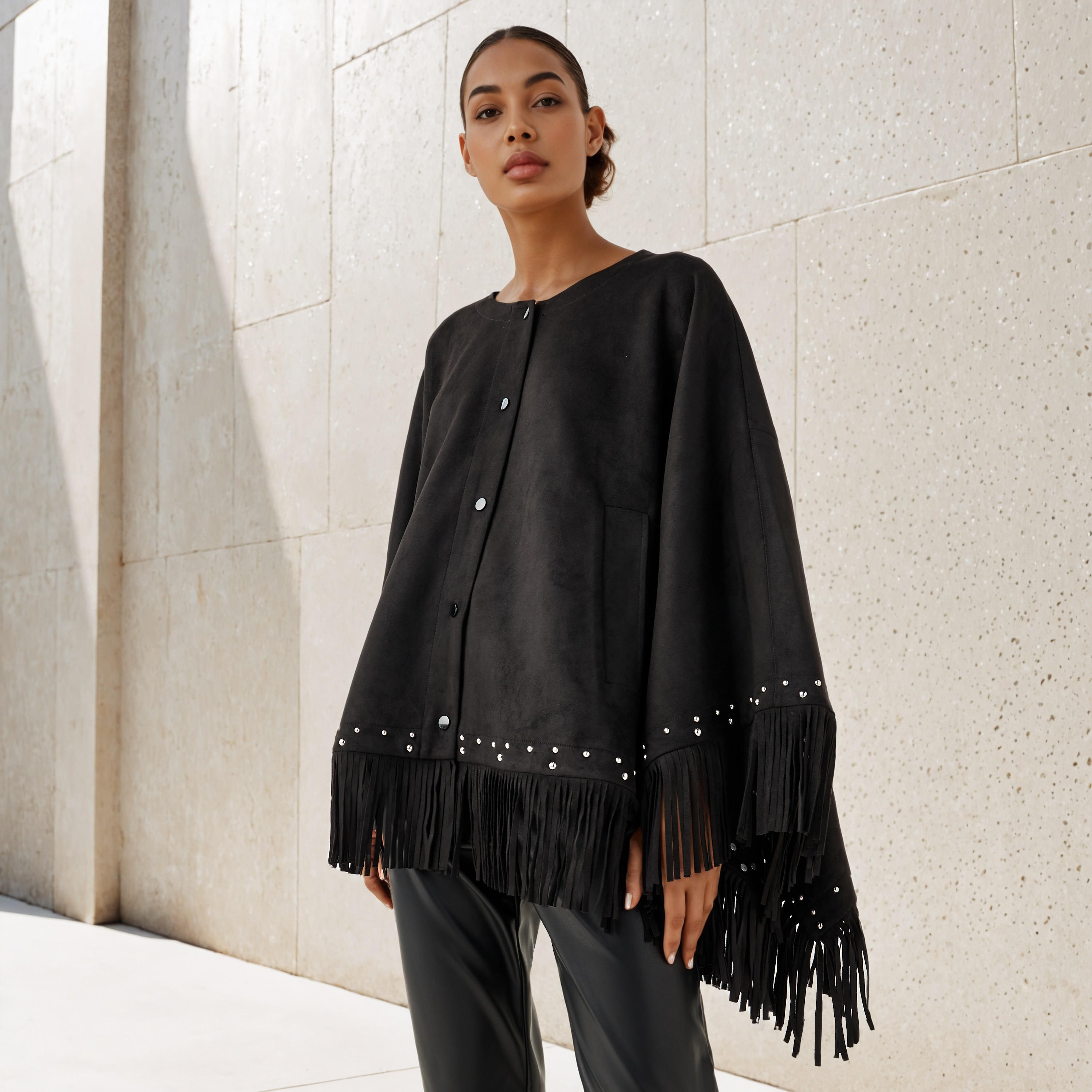 بونشو مزين بشراشيب من آيكونيك-women-winterwear-cardigansandjumpers-cardigans-image-1