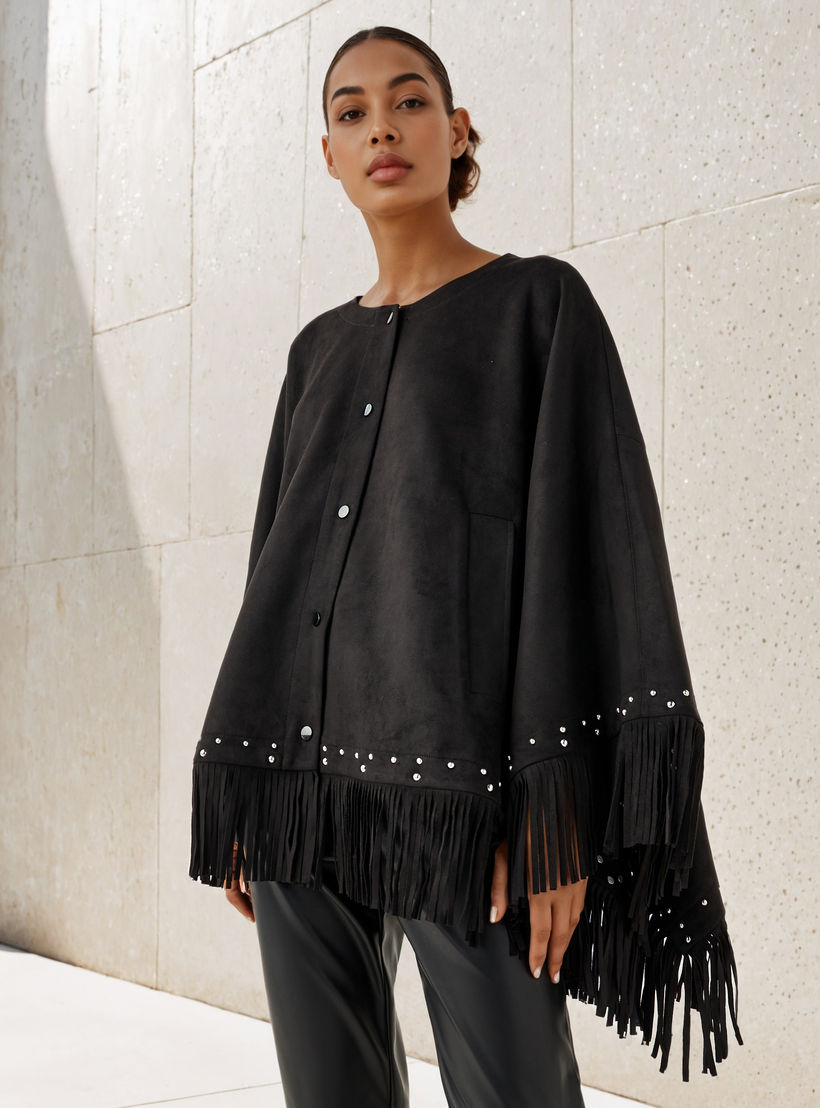 بونشو مزين بشراشيب من آيكونيك-women-winterwear-cardigansandjumpers-cardigans-image-1