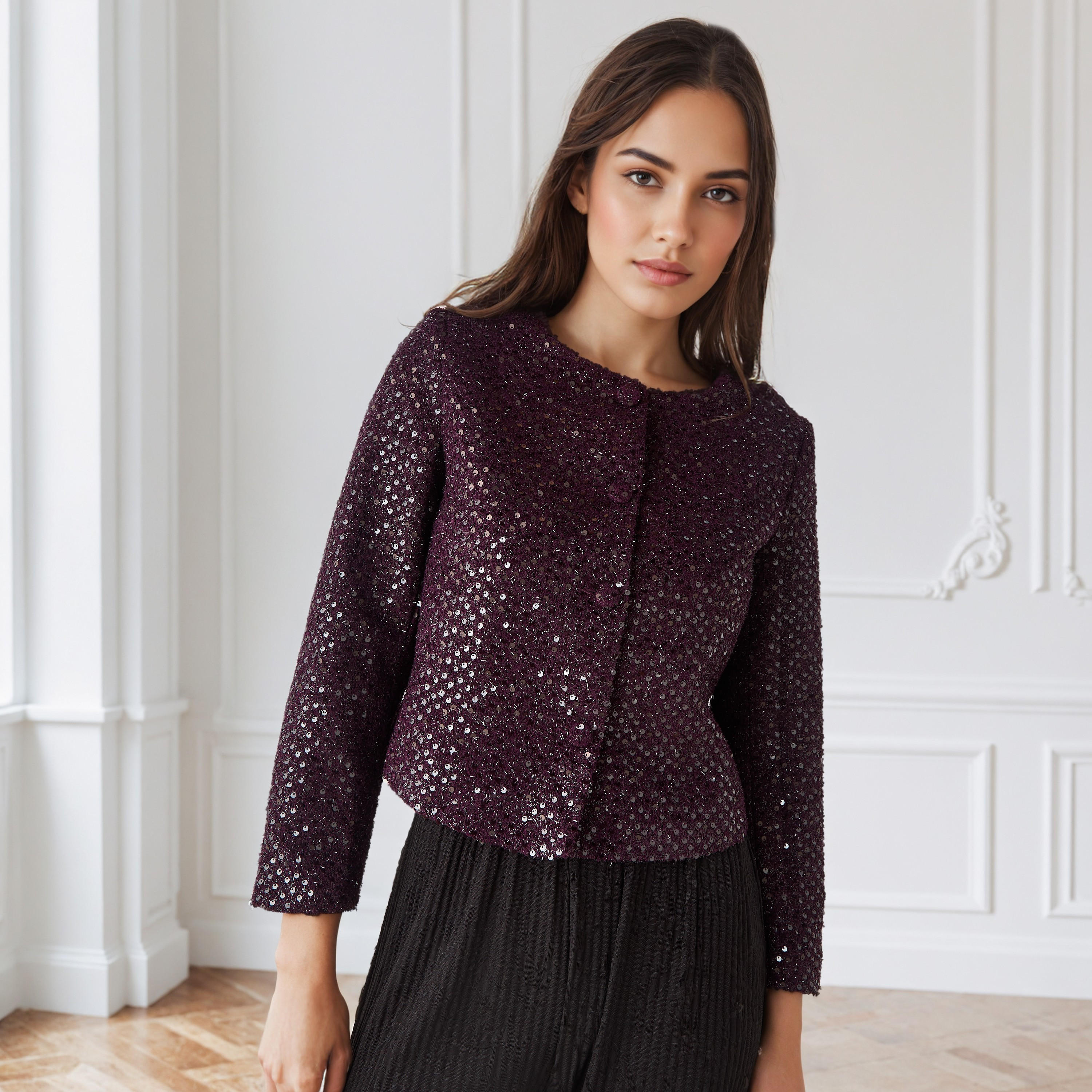 Iconic Sequin Embellished Jacket with Long Sleeves-women-winterwear-coatsandjackets-jackets-image-1