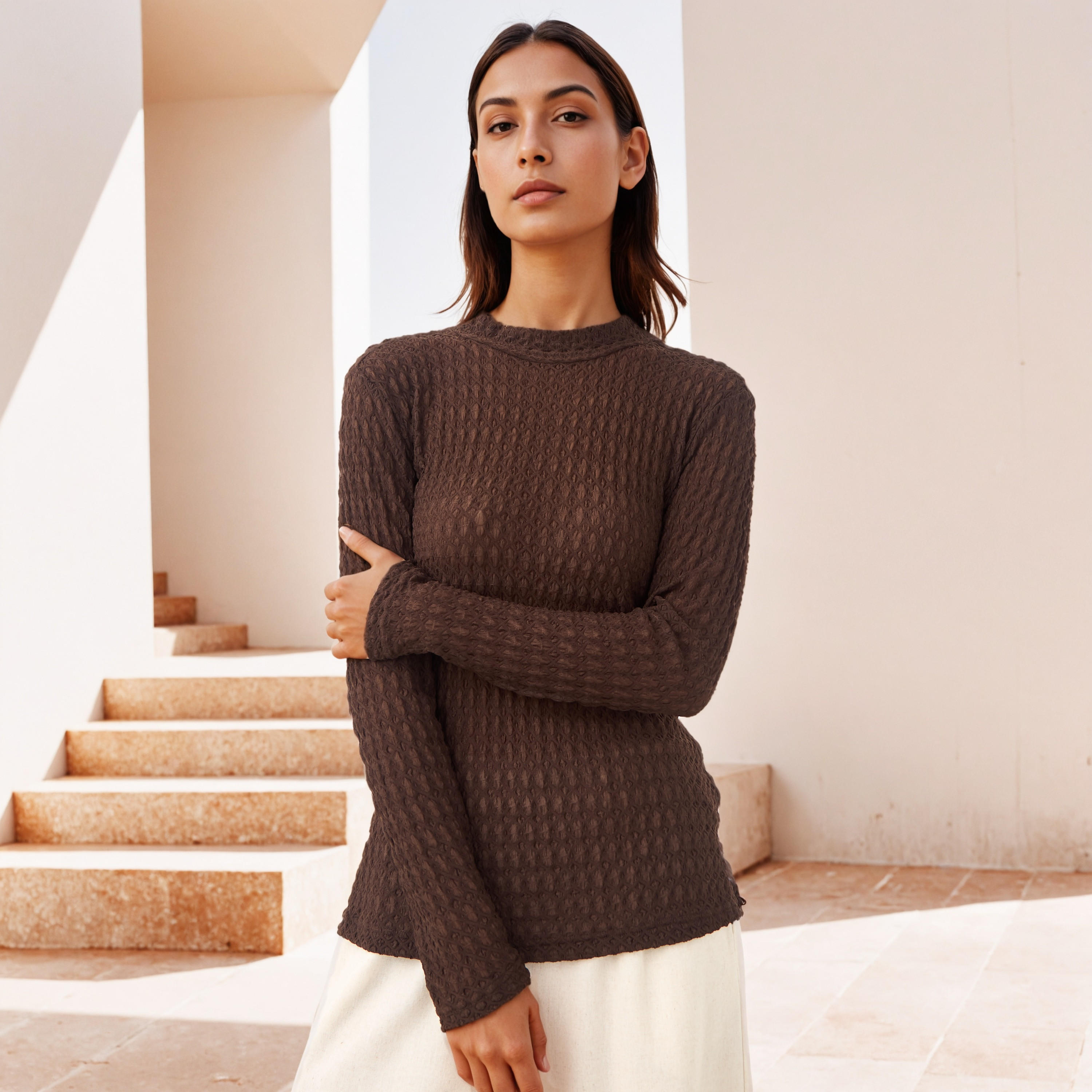 Iconic Textured High Neck Fitted Top-women-clothing-tshirts-image-1