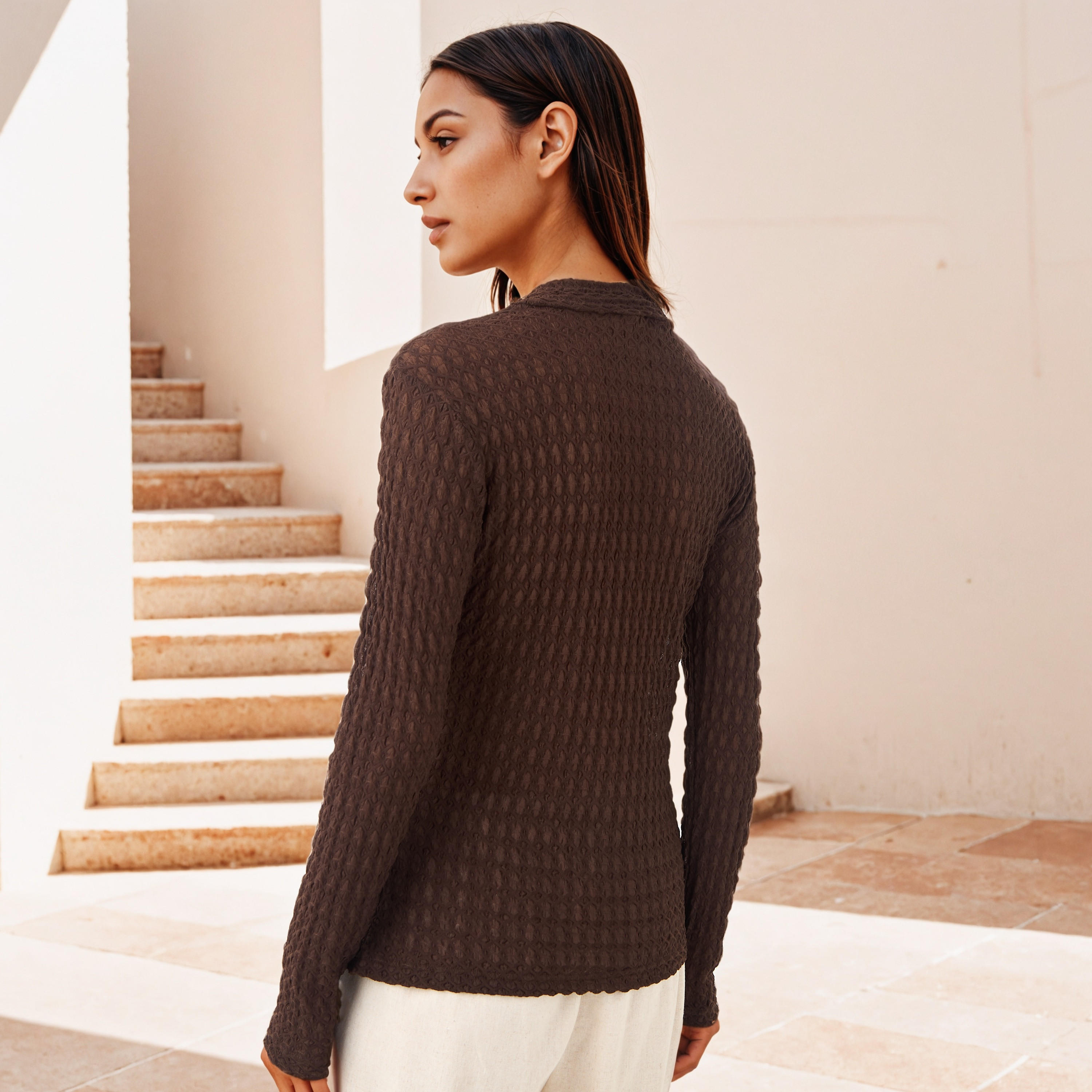 Iconic Textured High Neck Fitted Top-women-clothing-tshirts-image-3
