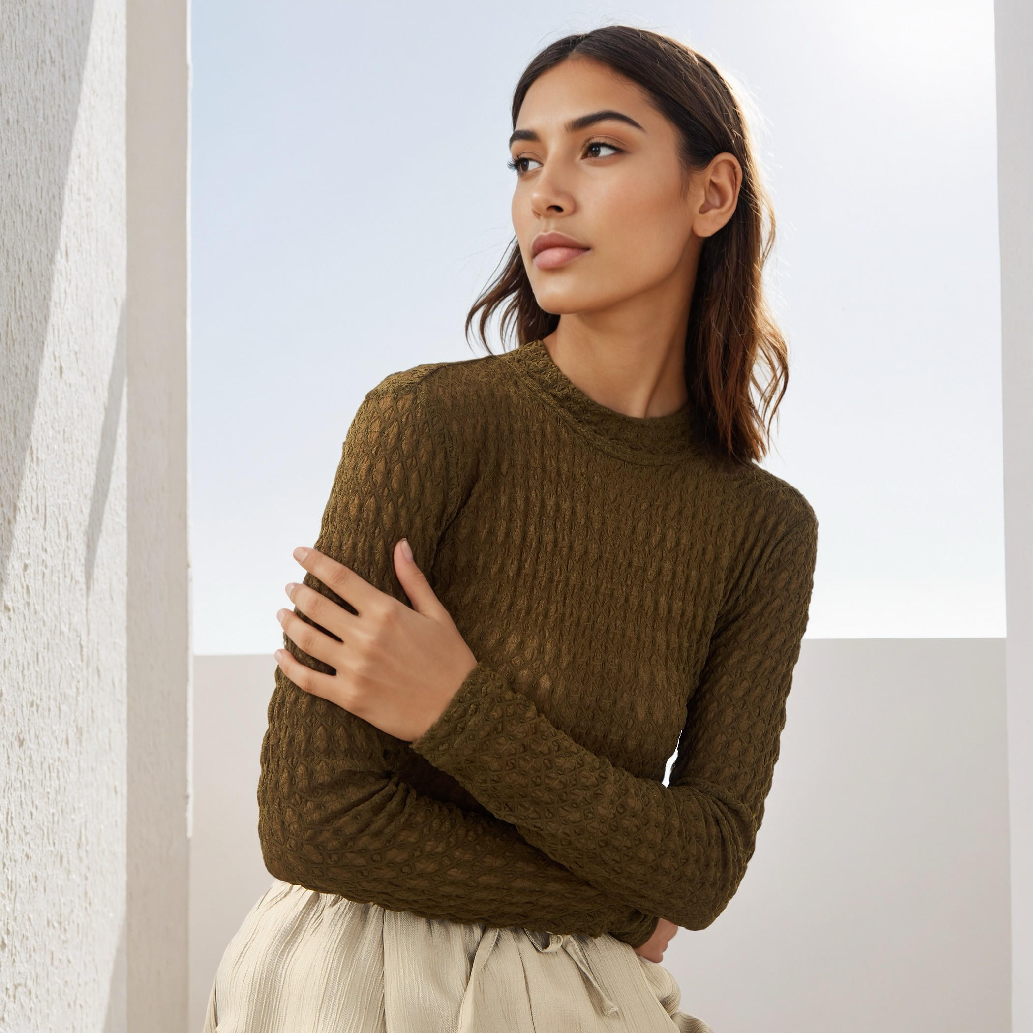 Iconic Textured High Neck Fitted Top-women-clothing-tshirts-image-1