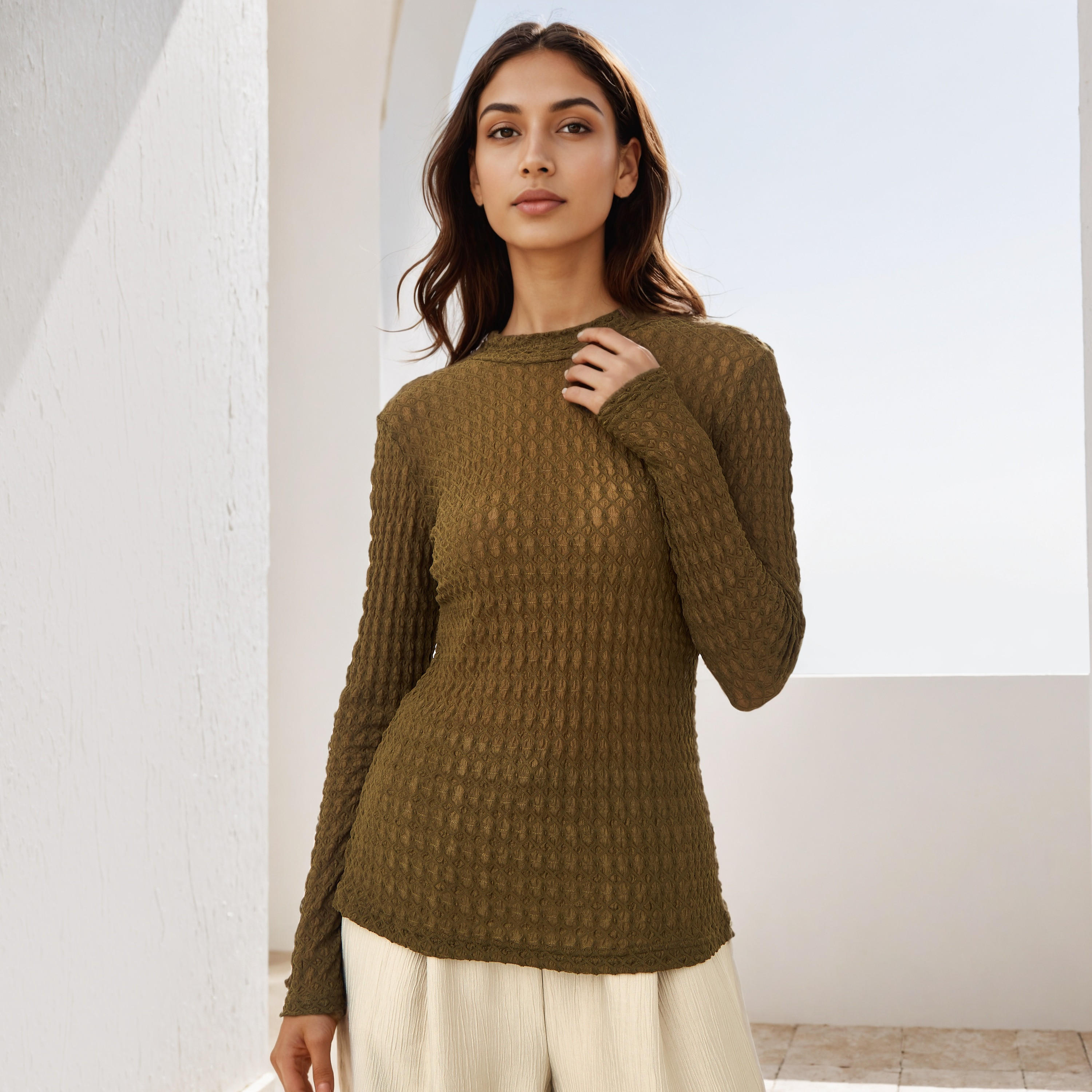 Iconic Textured High Neck Fitted Top-women-clothing-tshirts-image-5