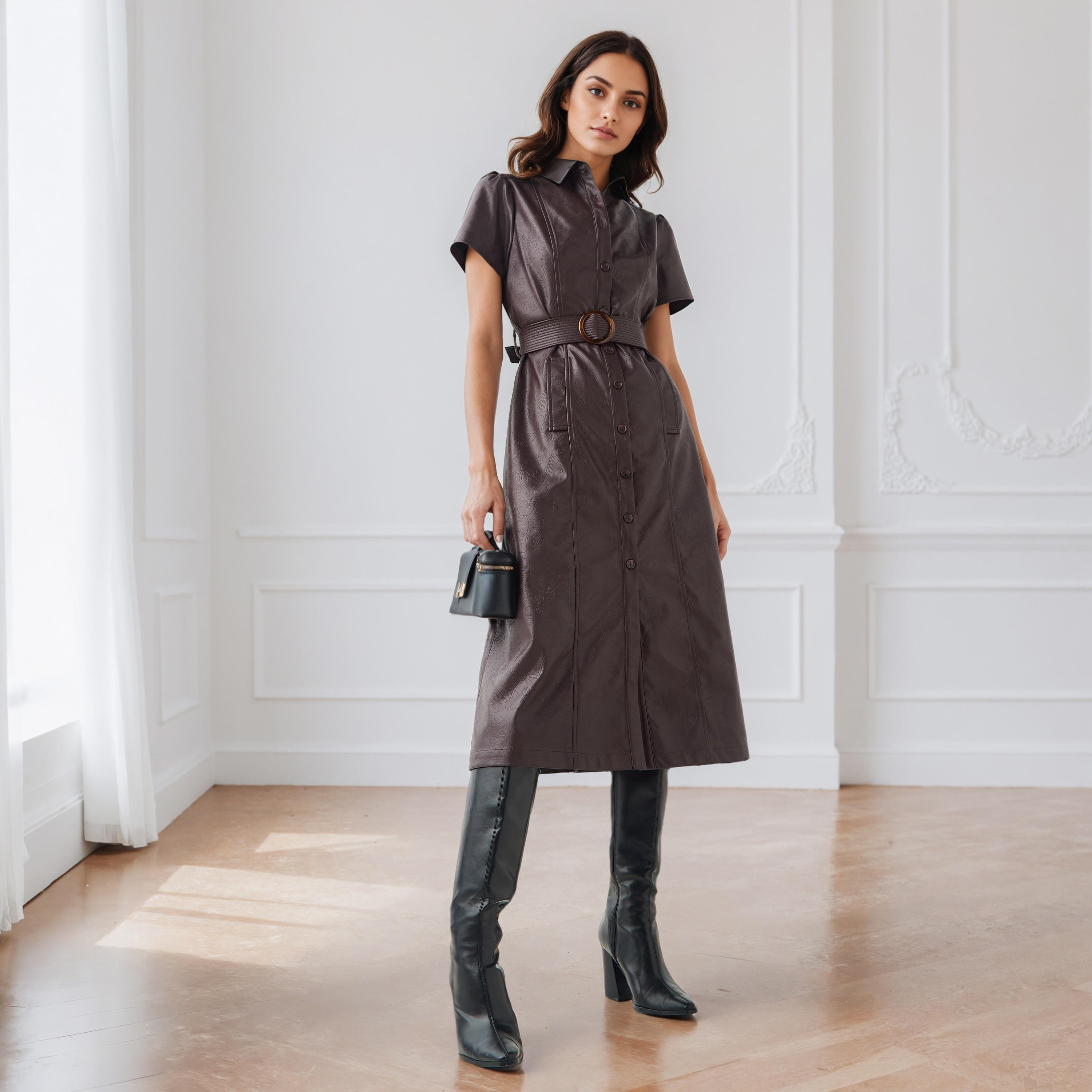 فستان قميص بارز الملمس مع حزام من آيكونيك-women-clothing-dresses-image-1
