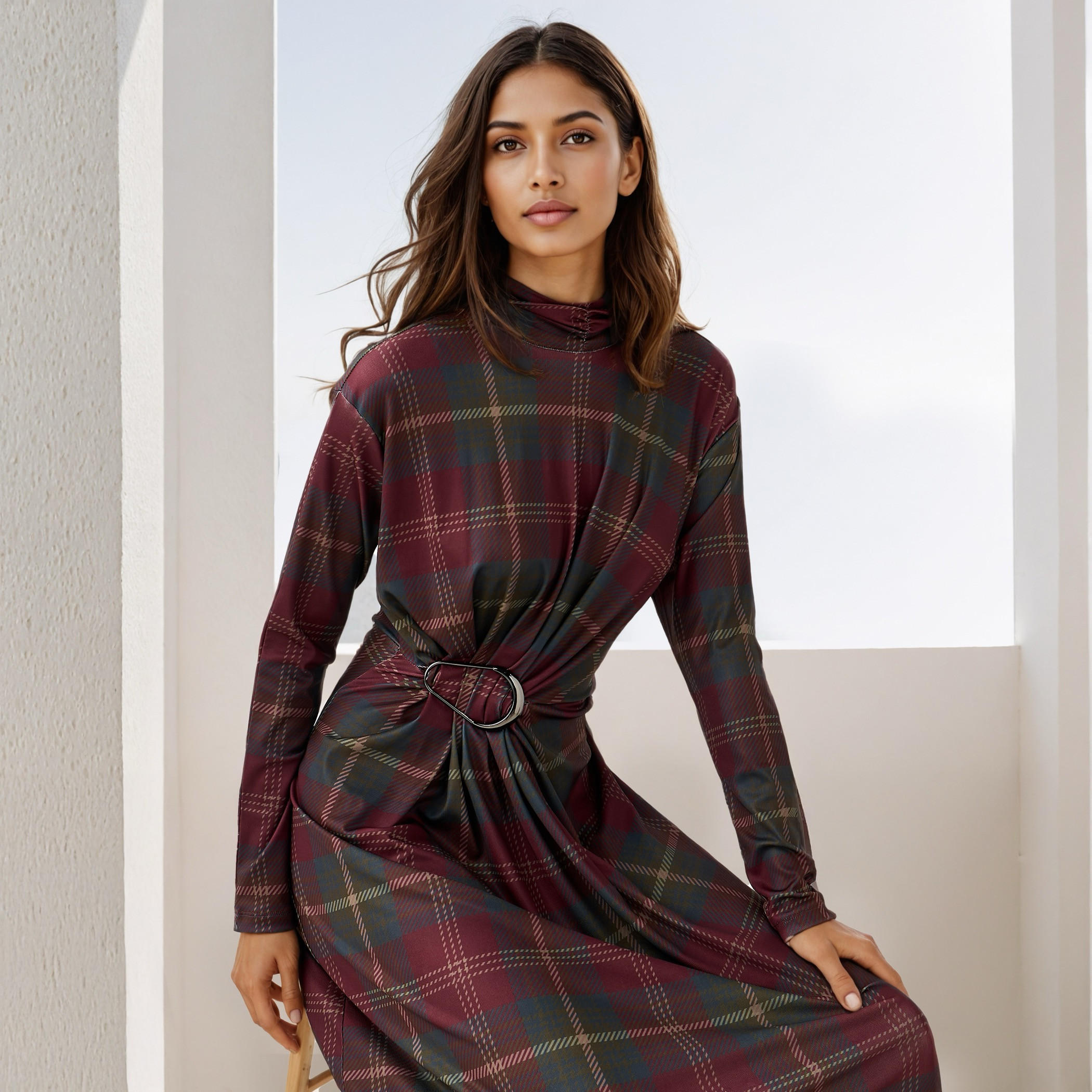 Iconic Checked High Neck Draped Dress-women-clothing-dresses-image-1