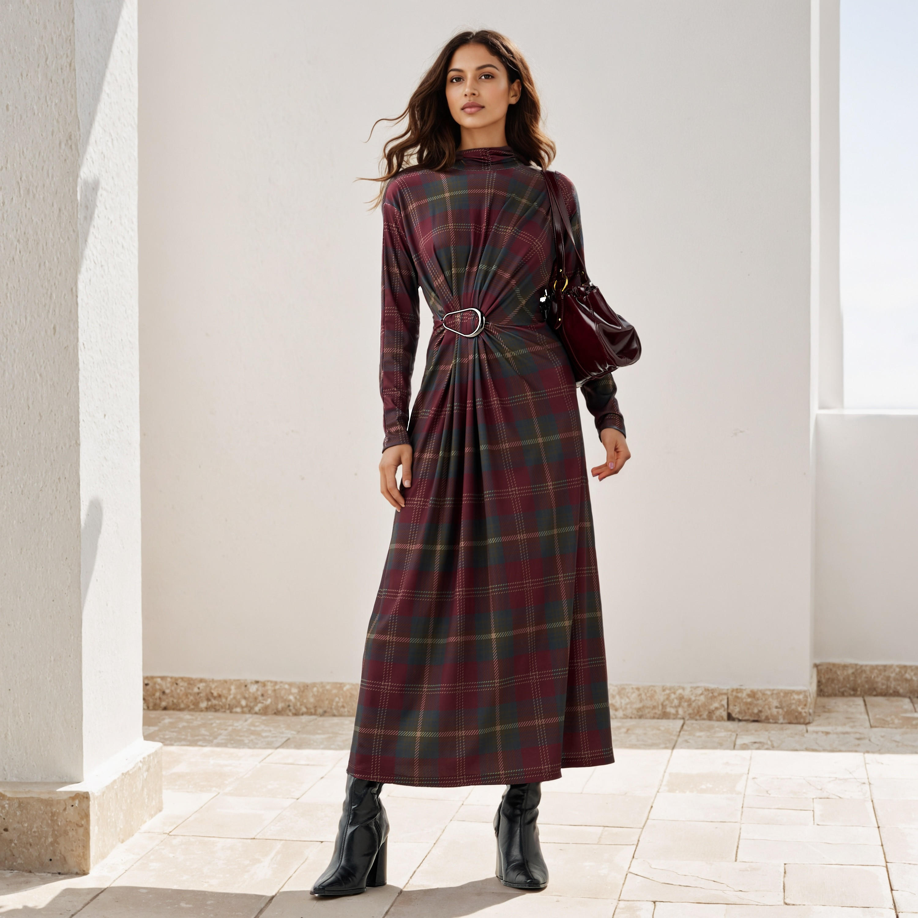 Iconic Checked High Neck Draped Dress-women-clothing-dresses-image-2