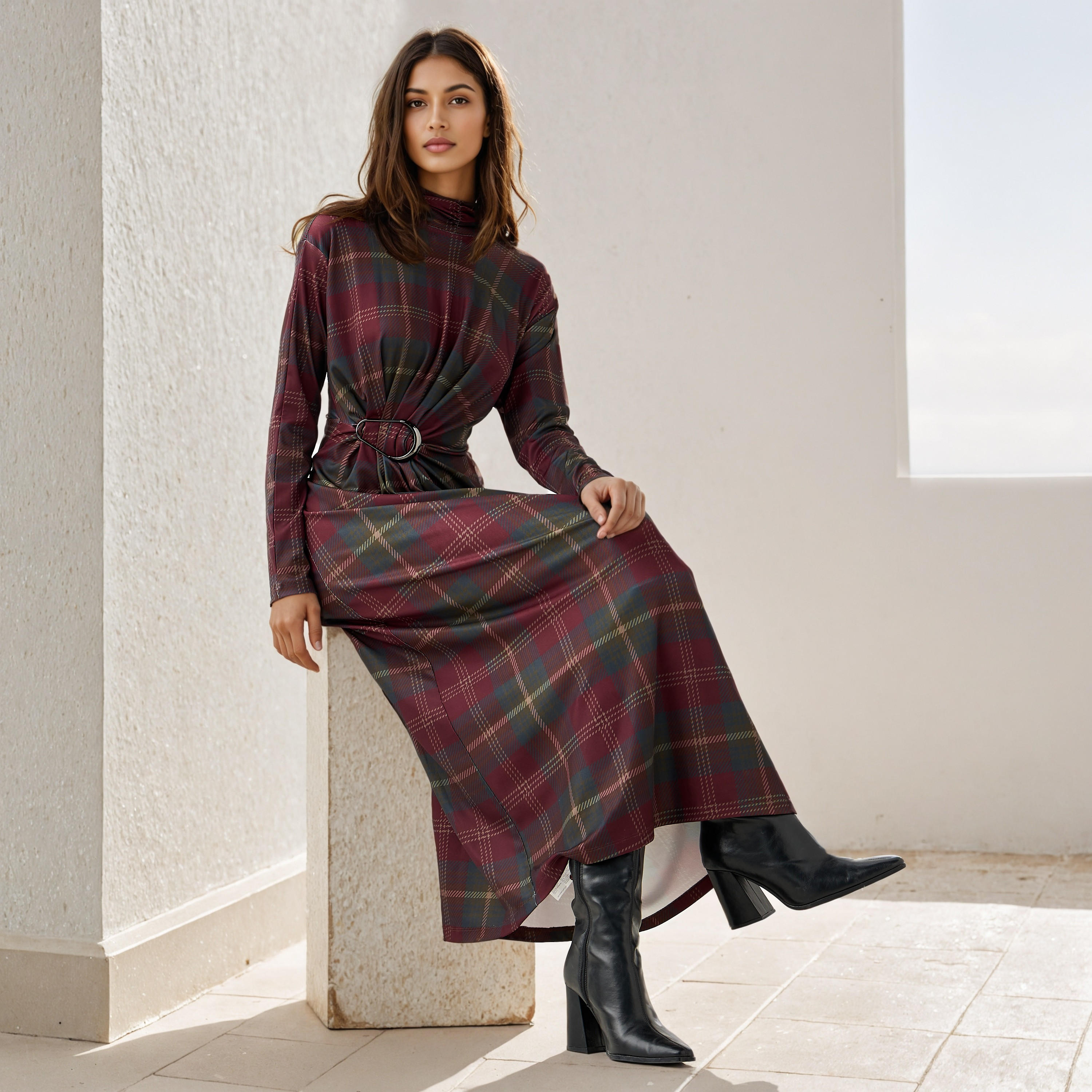 Iconic Checked High Neck Draped Dress-women-clothing-dresses-image-3