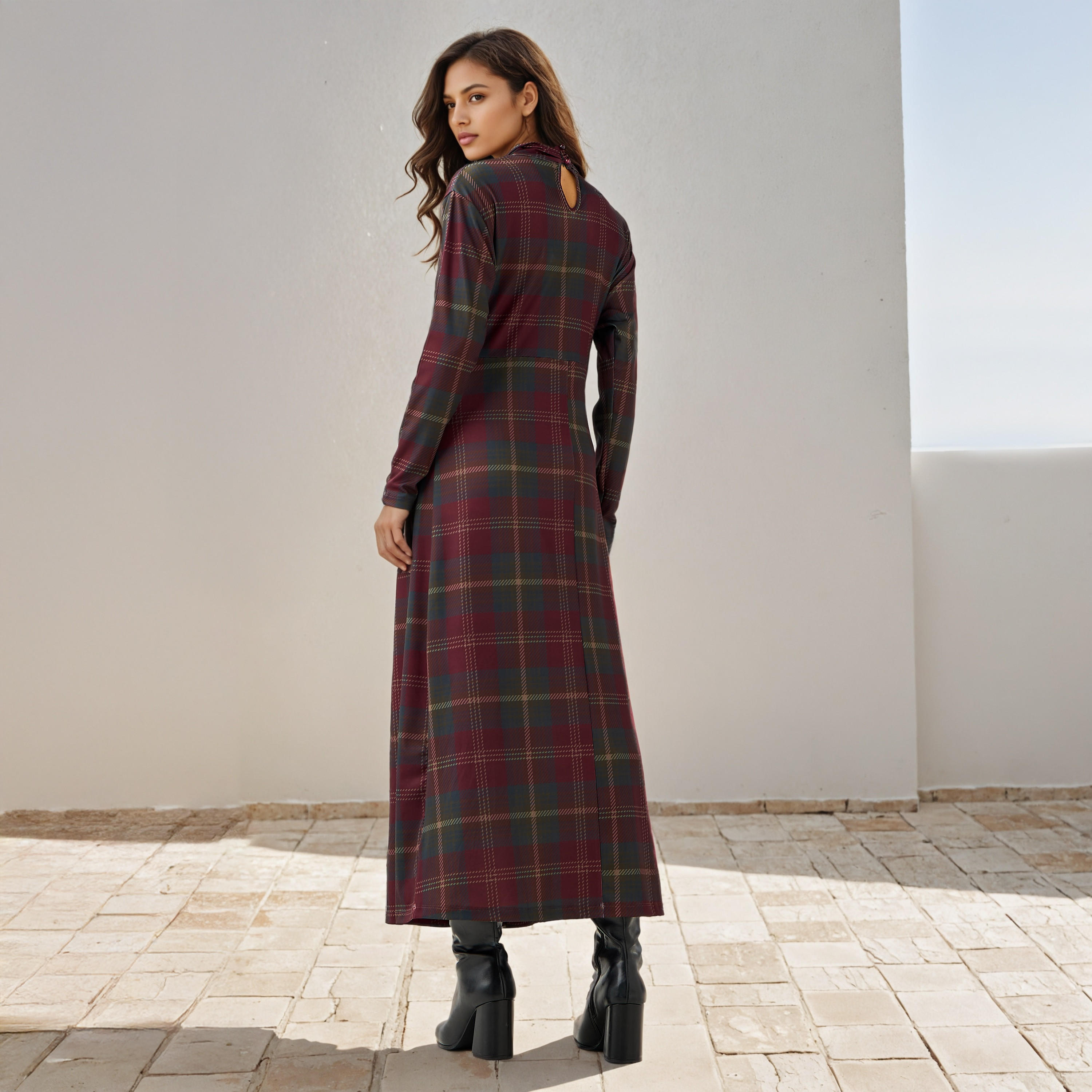 Iconic Checked High Neck Draped Dress-women-clothing-dresses-image-4