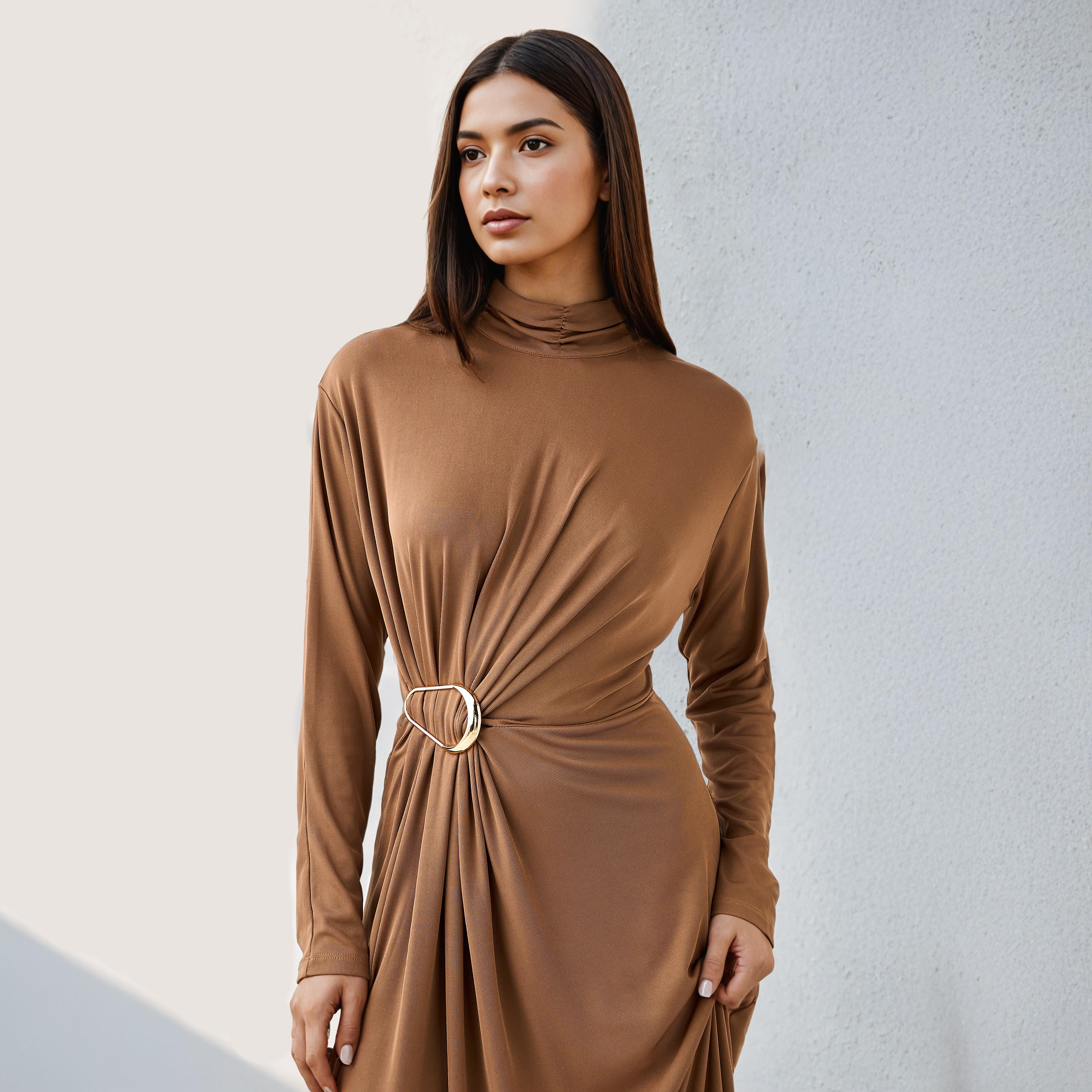 فستان بياقة عالية وتصميم درابيه من آيكونيك-women-clothing-dresses-image-3