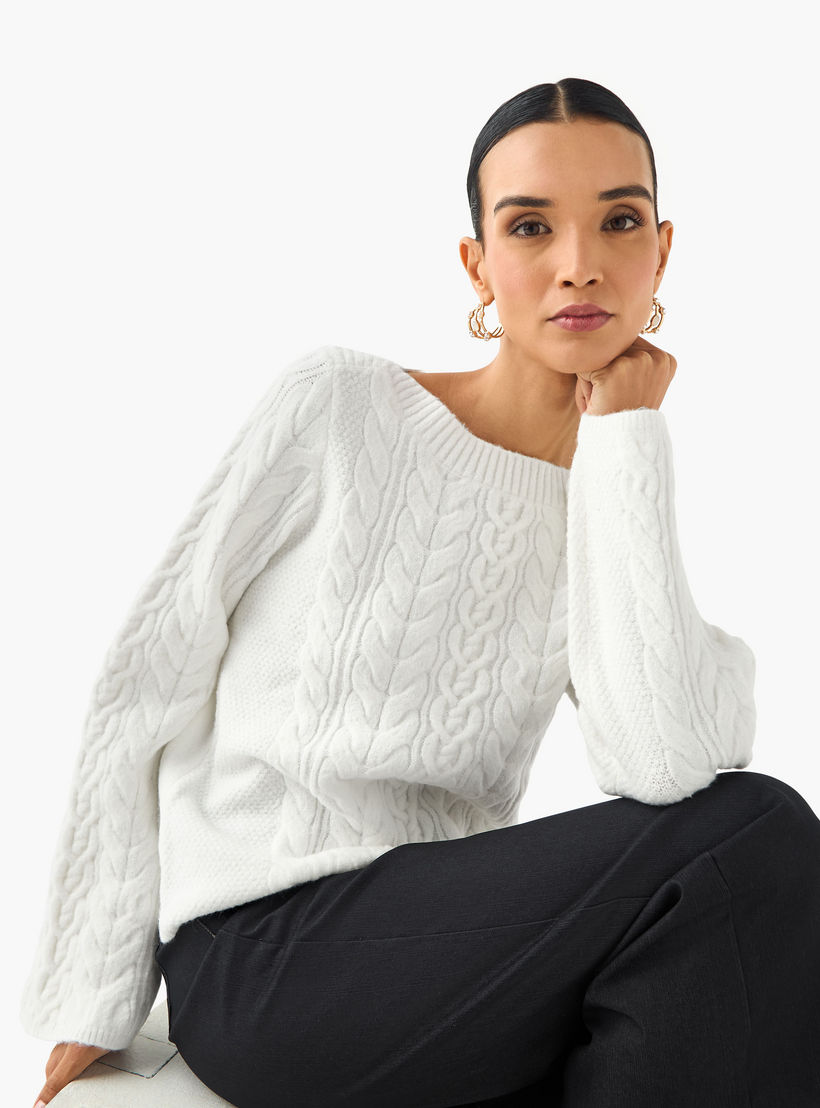 كنزة بياقة ضيقة وقصة عادية وحياكة كابل من آيكونيك-women-clothing-cardigansandjumpers-jumpers-image-1