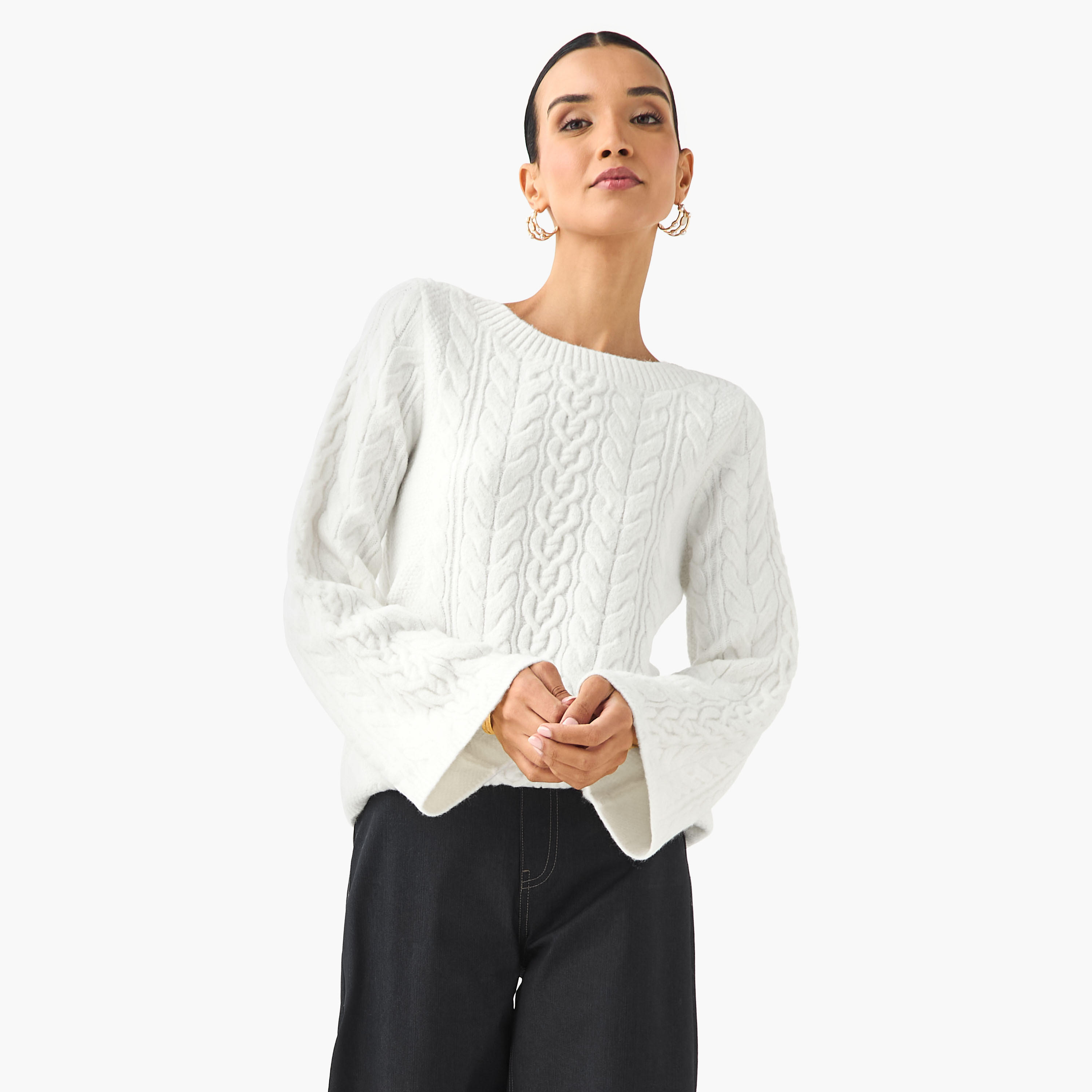 كنزة بياقة ضيقة وقصة عادية وحياكة كابل من آيكونيك-women-clothing-cardigansandjumpers-jumpers-image-6