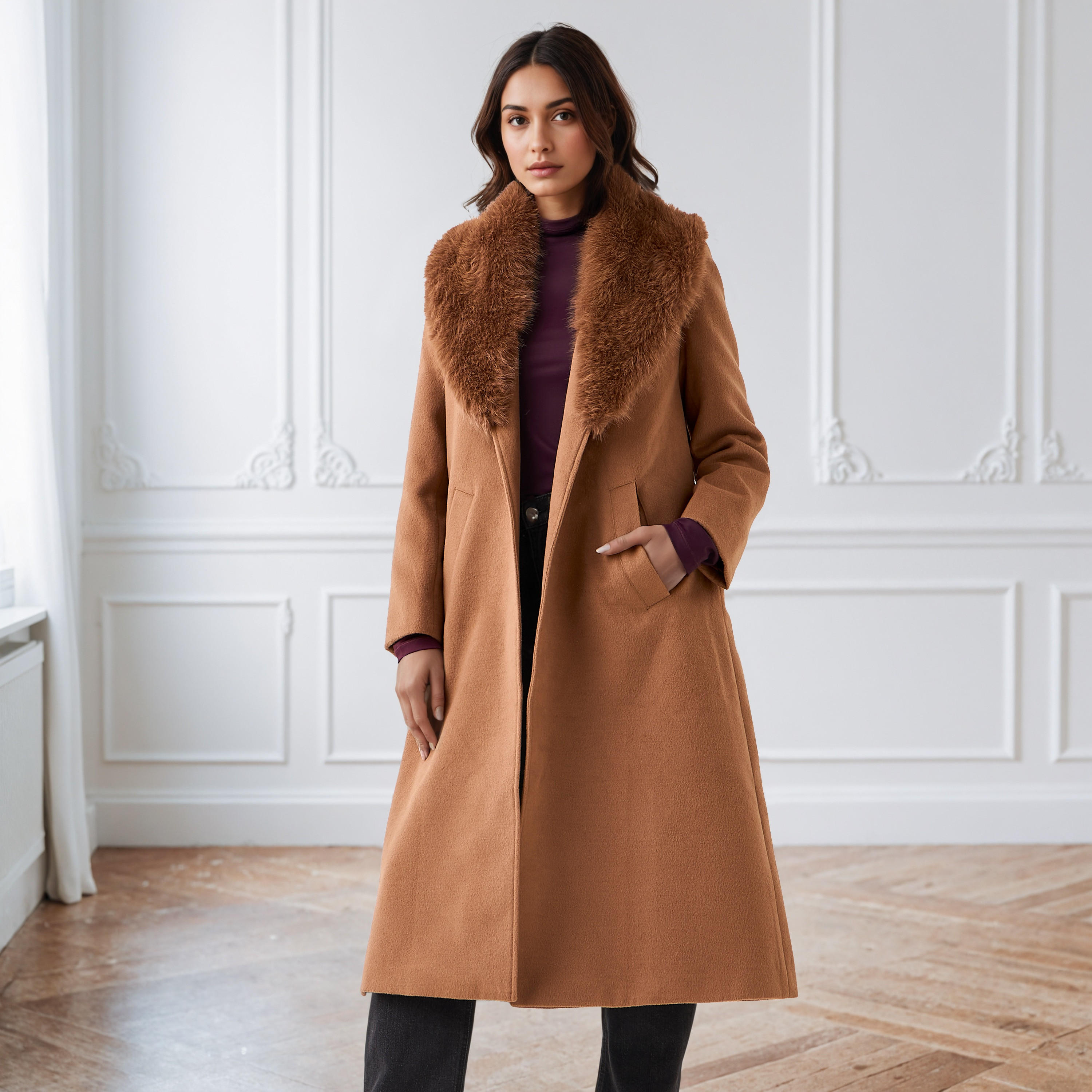 معطف ترنش عادي بياقة فرو صناعي قابلة للإزالة من آيكونيك-women-clothing-coatsandjackets-coats-image-2