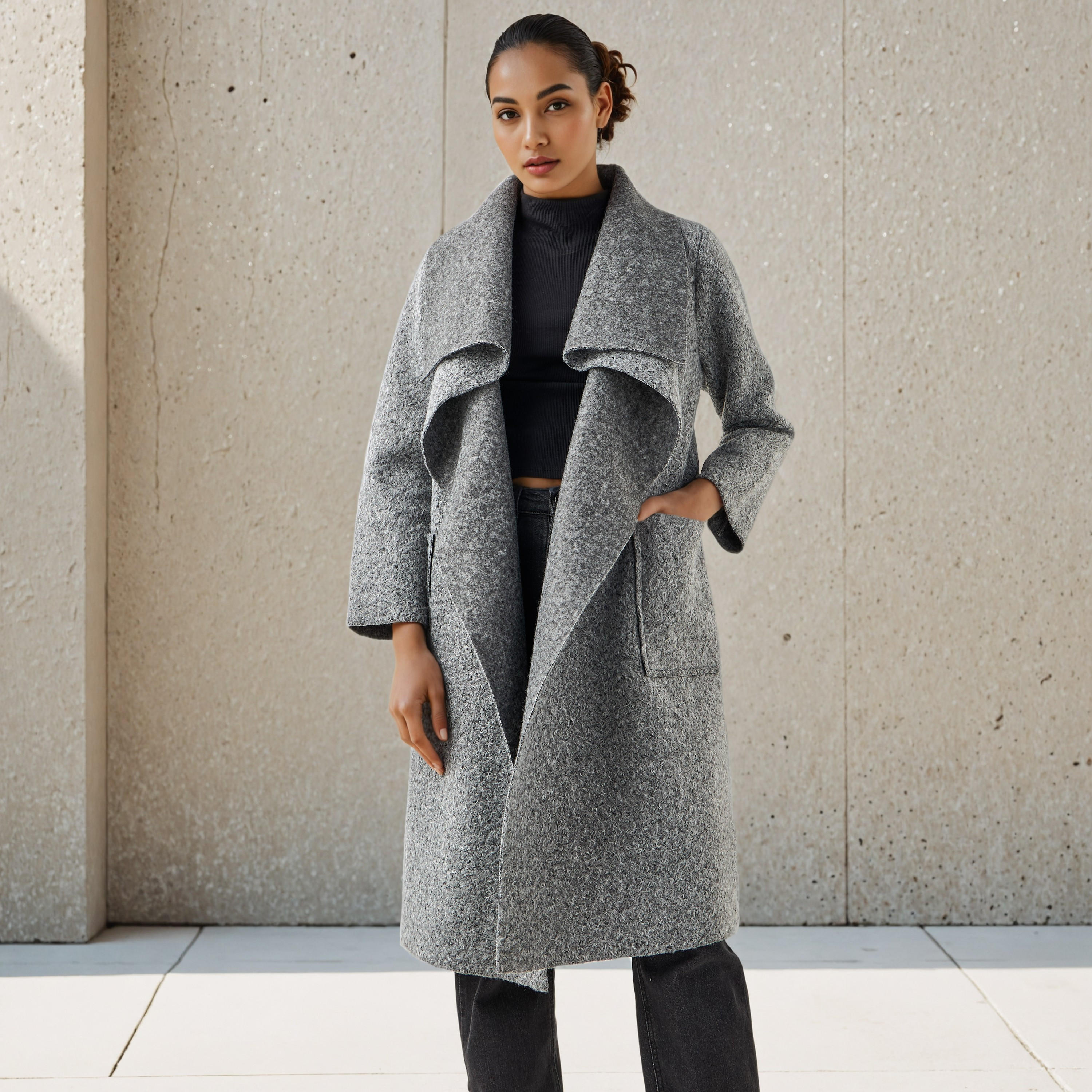 Iconic Knee Length Polyester Waterfall Collar Trench Coat-women-clothing-coatsandjackets-coats-image-1