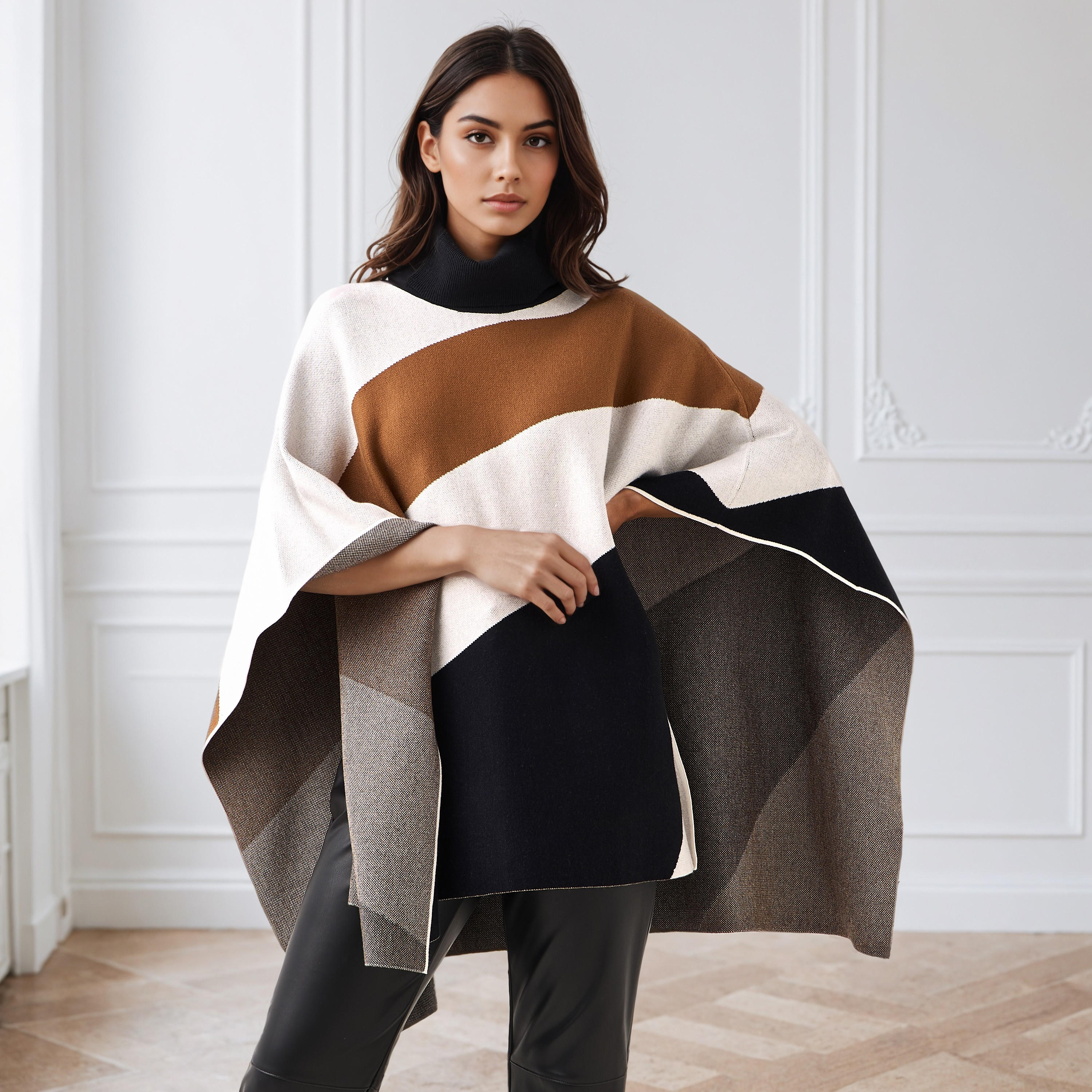 شال بونشو بتصميم قوالب ملونة وياقة عالية من آيكونيك-women-winterwear-cardigansandjumpers-cardigans-image-6