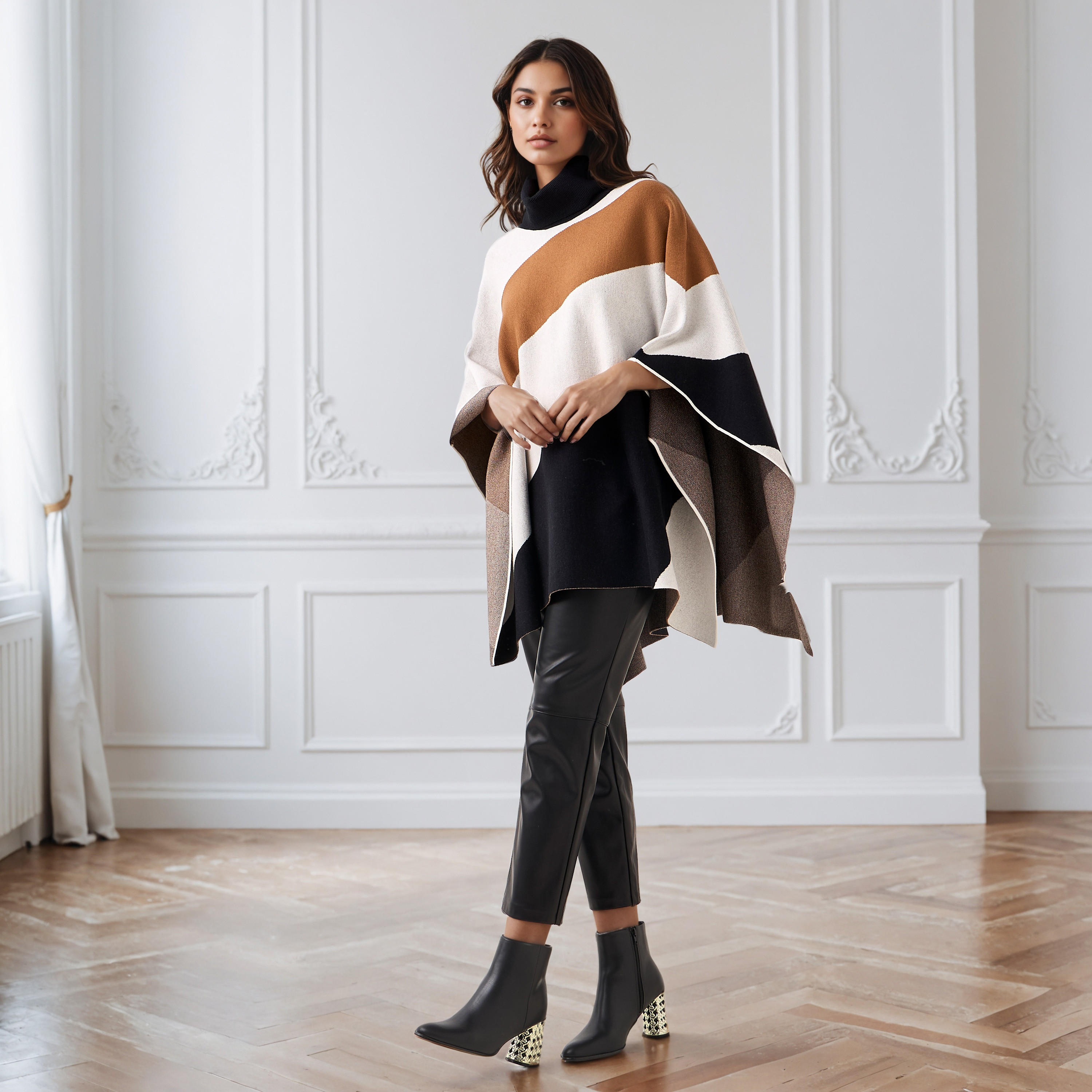 شال بونشو بتصميم قوالب ملونة وياقة عالية من آيكونيك-women-winterwear-cardigansandjumpers-cardigans-image-5