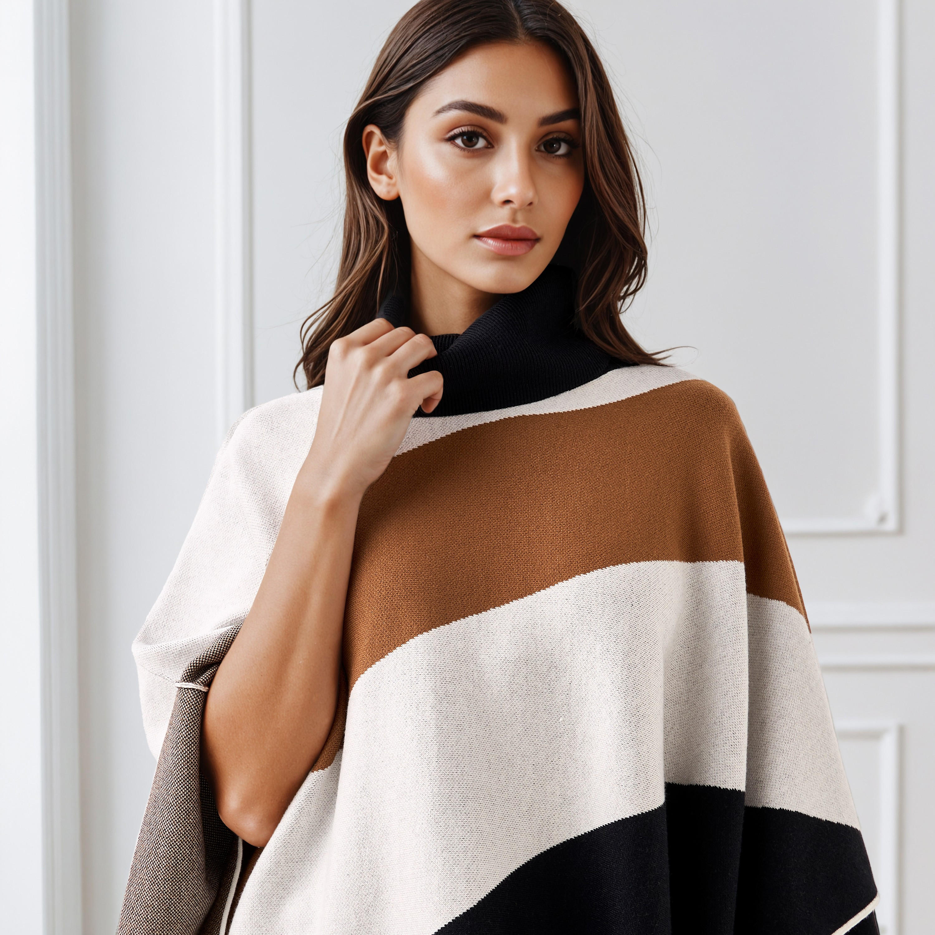 شال بونشو بتصميم قوالب ملونة وياقة عالية من آيكونيك-women-winterwear-cardigansandjumpers-cardigans-image-2