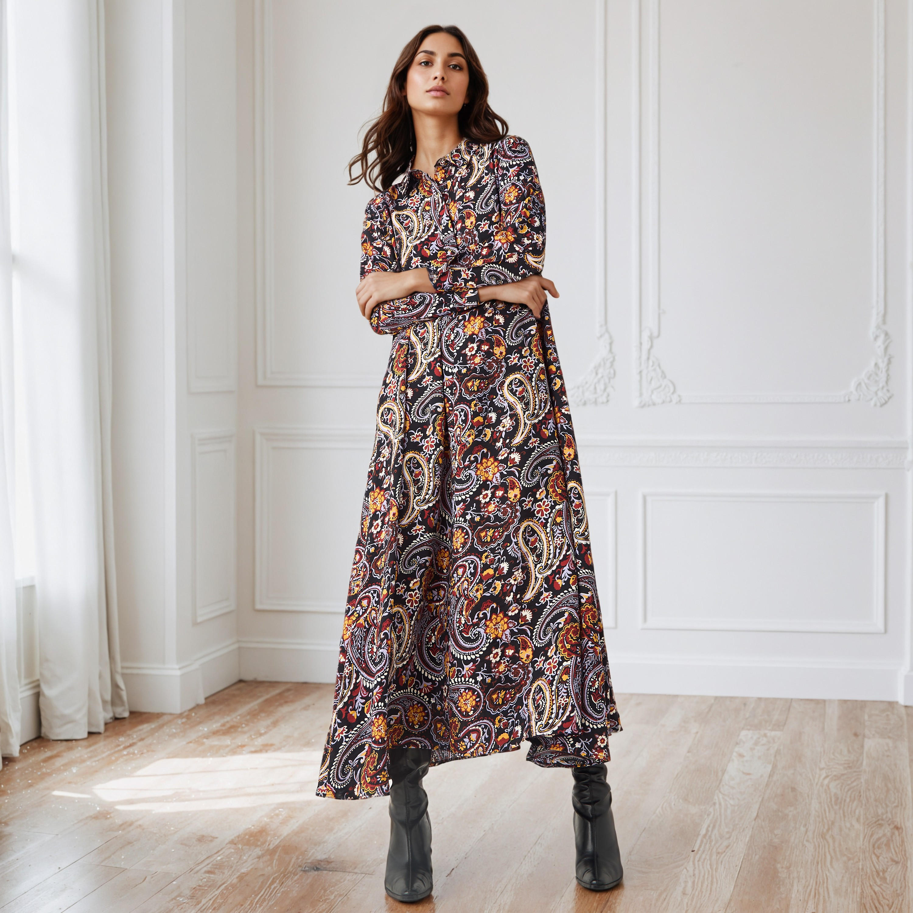 Iconic Paisley Print Collared Trapeze Dress-women-clothing-dresses-image-1