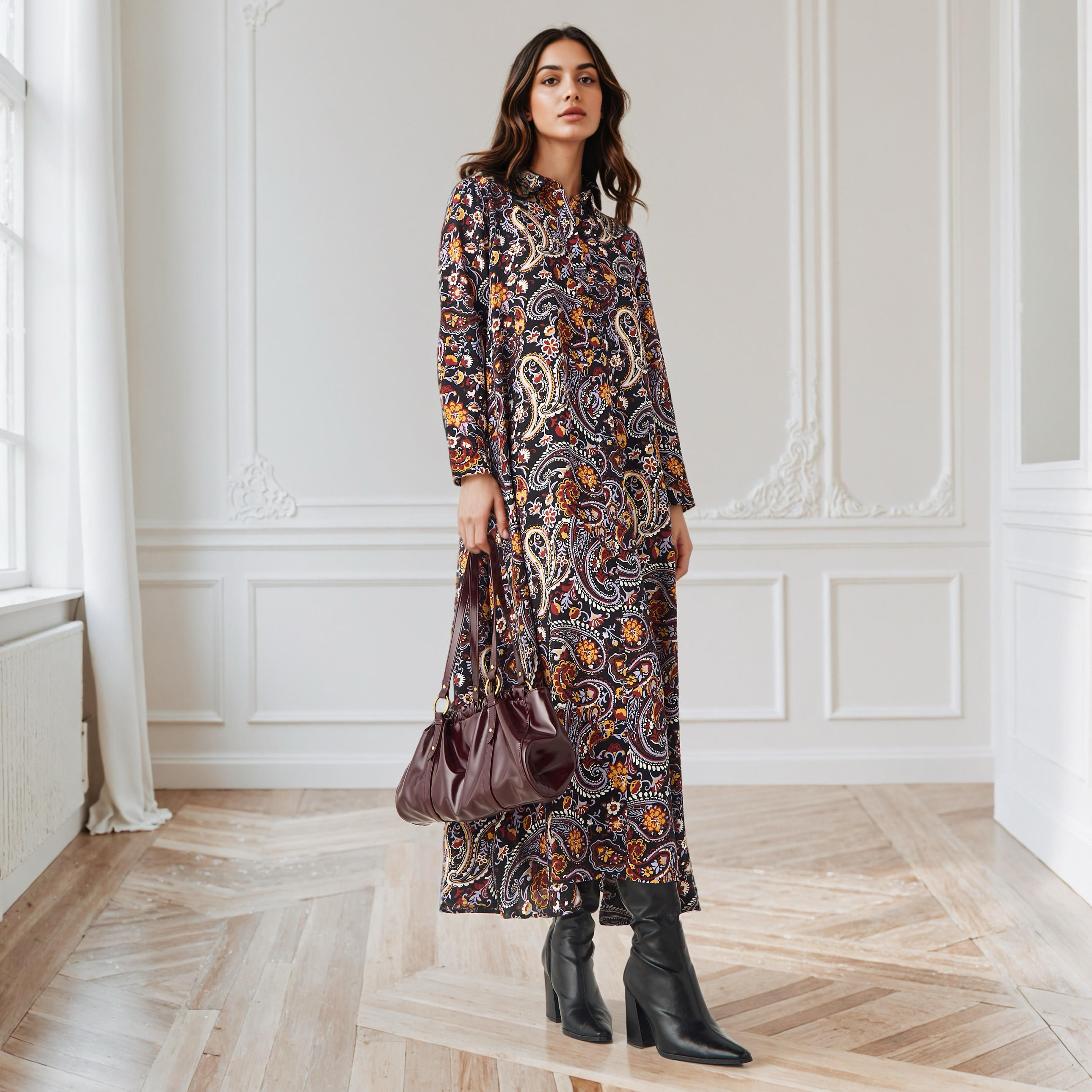 Iconic Paisley Print Collared Trapeze Dress-women-clothing-dresses-image-2
