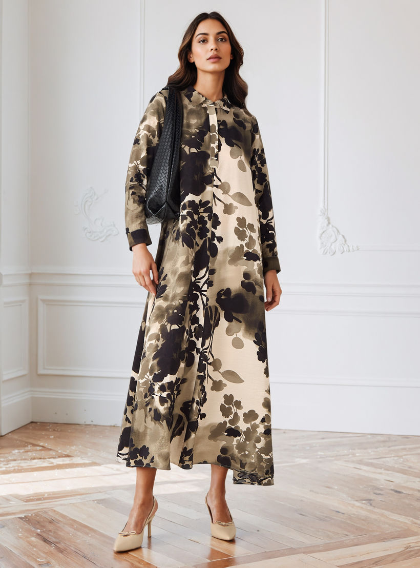 Iconic Floral Print Collared Trapeze Dress-women-clothing-dresses-image-1