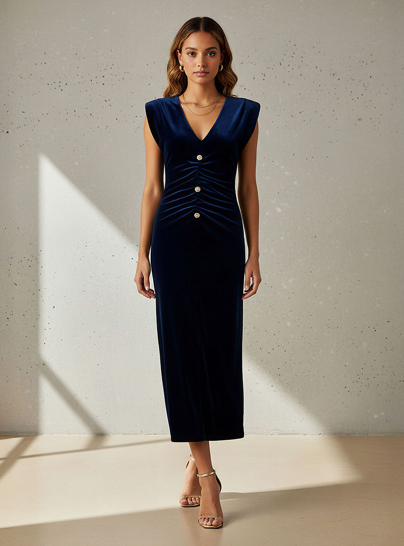 فستان قطيفة بكُسرات وفتحة من آيكونيك-women-clothing-dresses-image-1