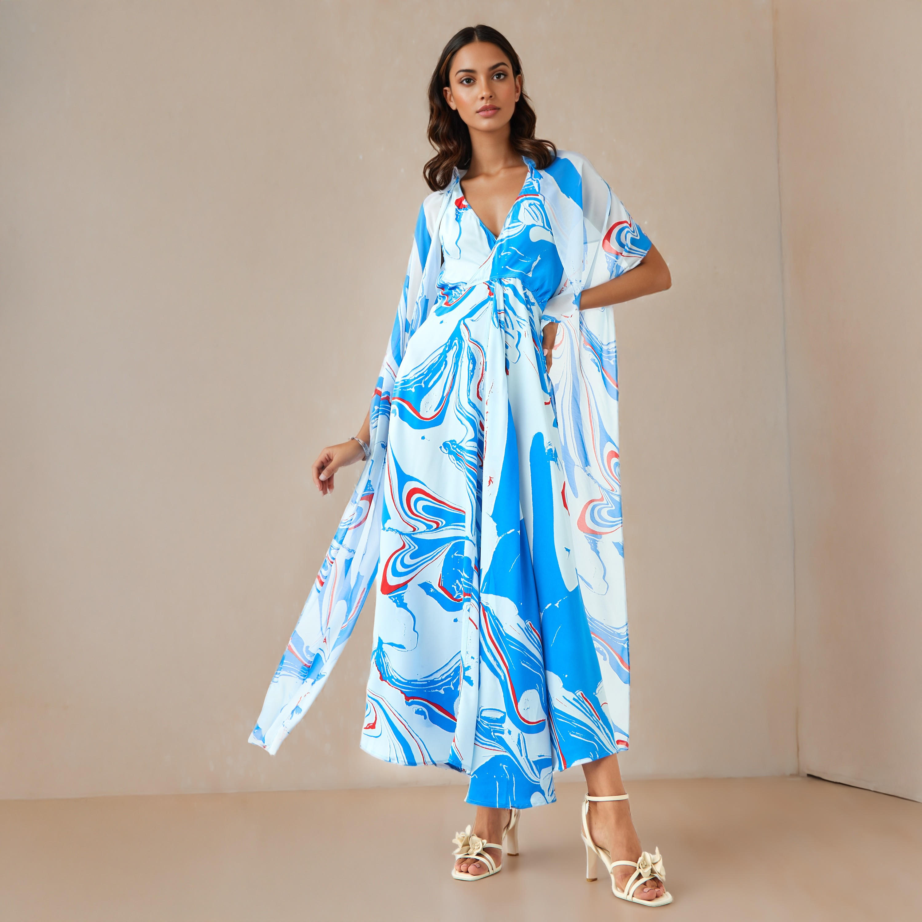 Iconic Abstract Print V-neck Sleeveless Dress with Scarf-women-clothing-dresses-image-1
