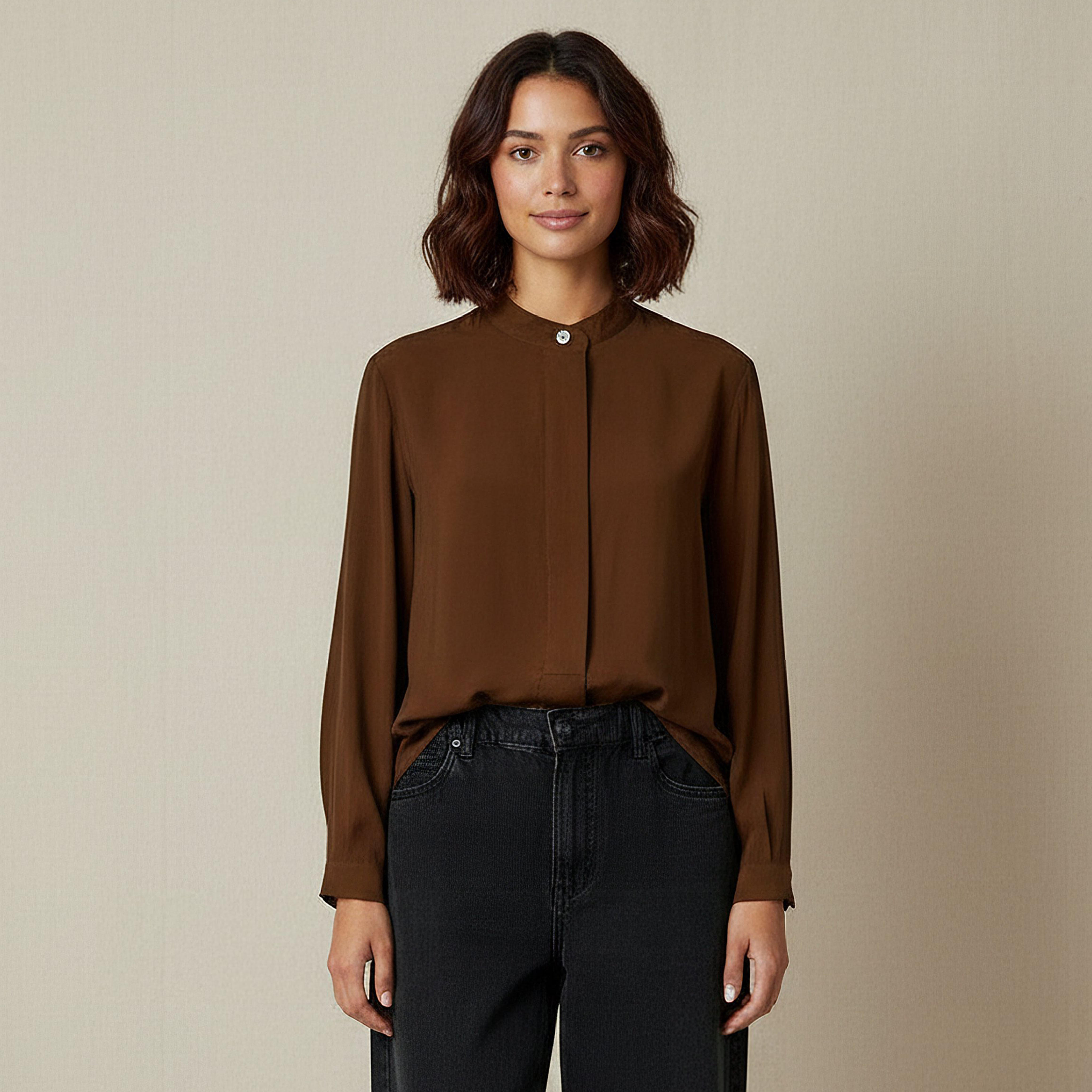 Iconic Regular Fit Cupro Top with Mandarin Collar-women-clothing-shirtsandblouses-shirts-image-1