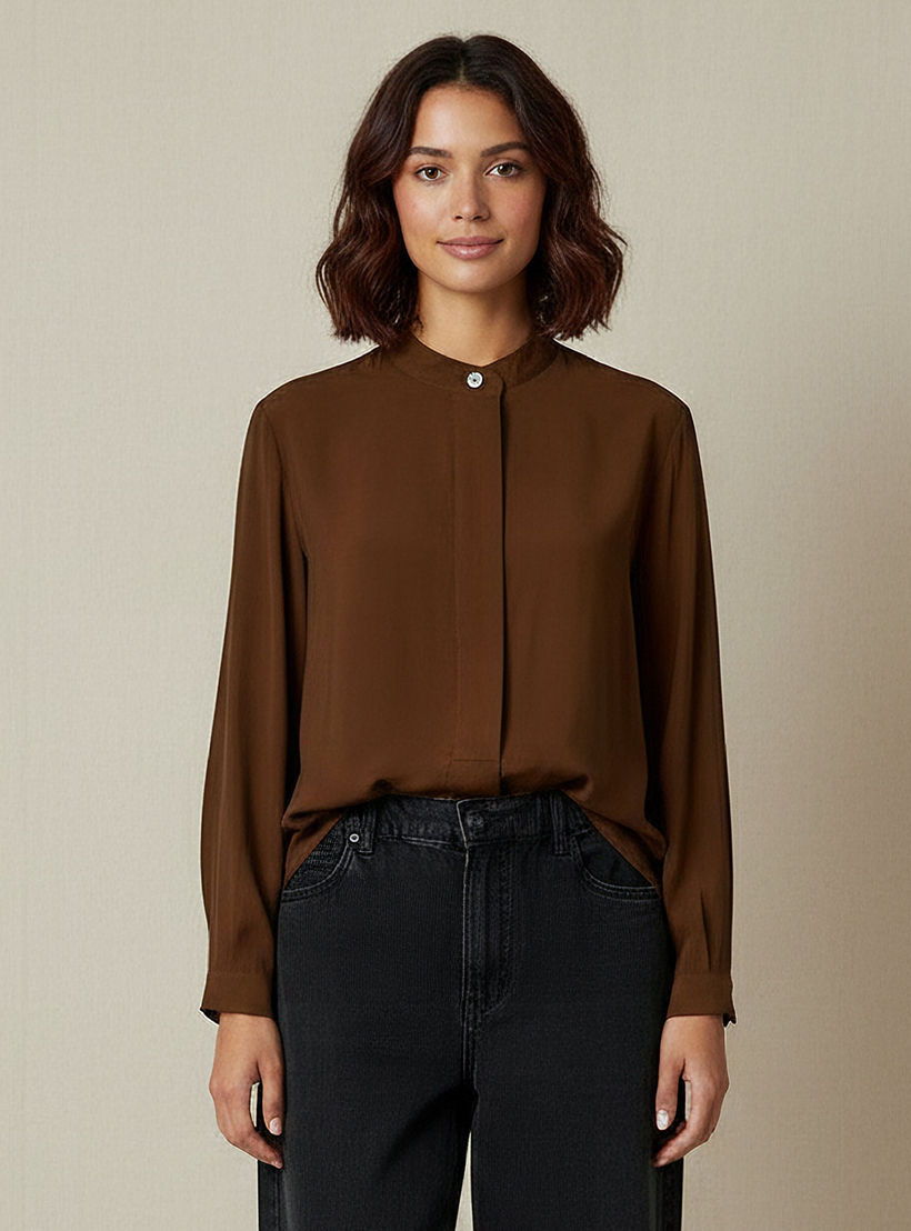 Iconic Regular Fit Cupro Top with Mandarin Collar-women-clothing-shirtsandblouses-shirts-image-1
