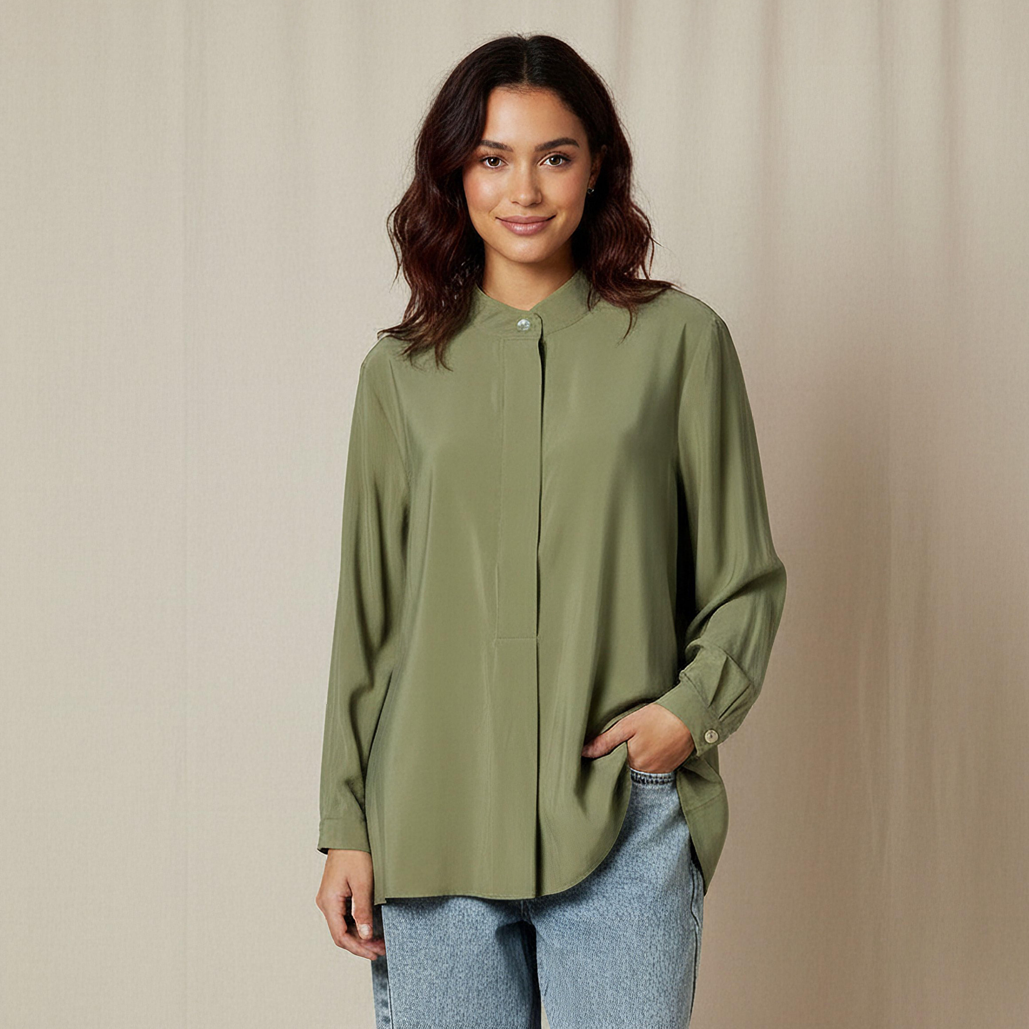 بلوزة كوبرو بياقة ماندرين وقصة عادية من أيكونيك-women-clothing-shirtsandblouses-shirts-image-4