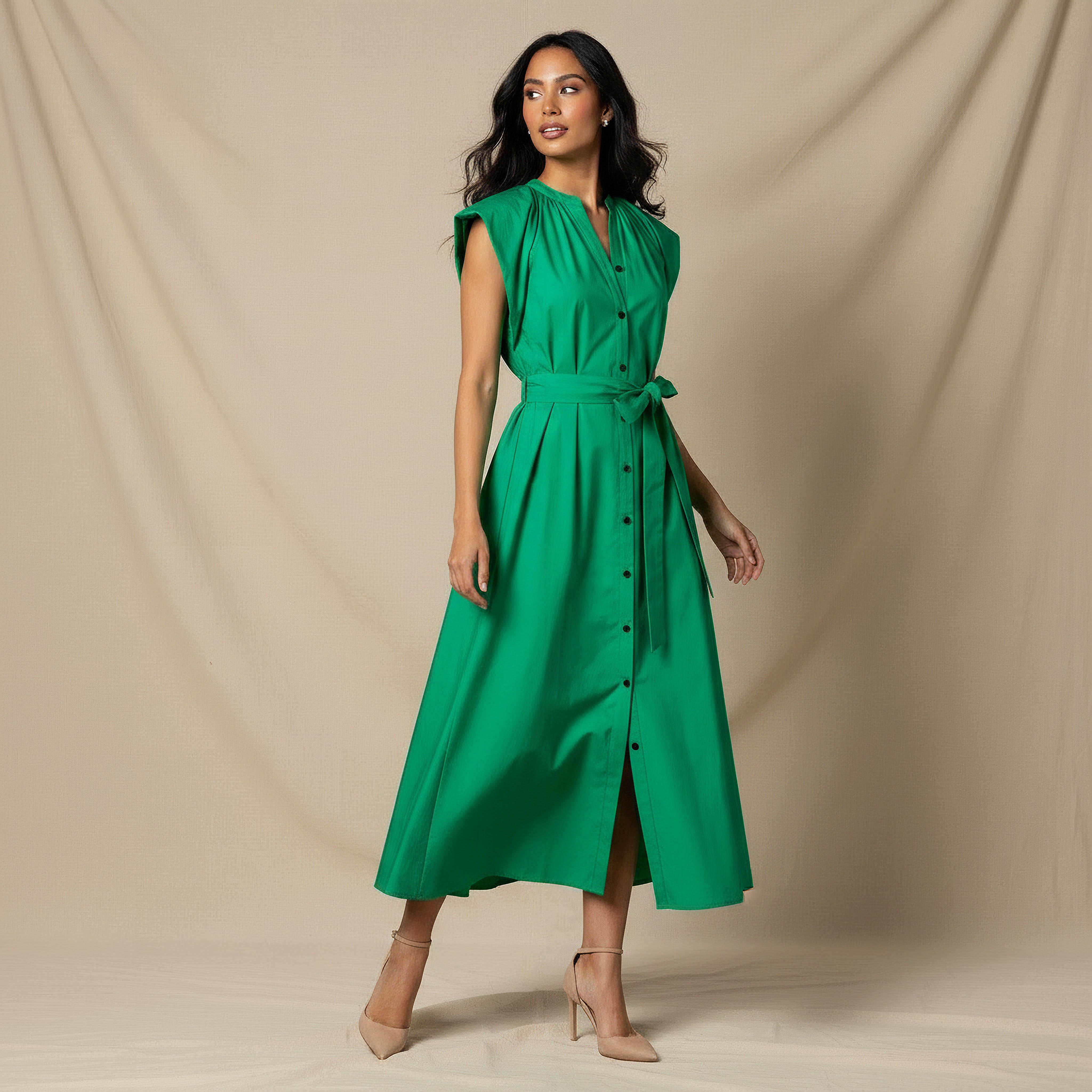 Iconic Plain A-line Women Dress with Tie-Up Belt-women-clothing-dresses-image-1