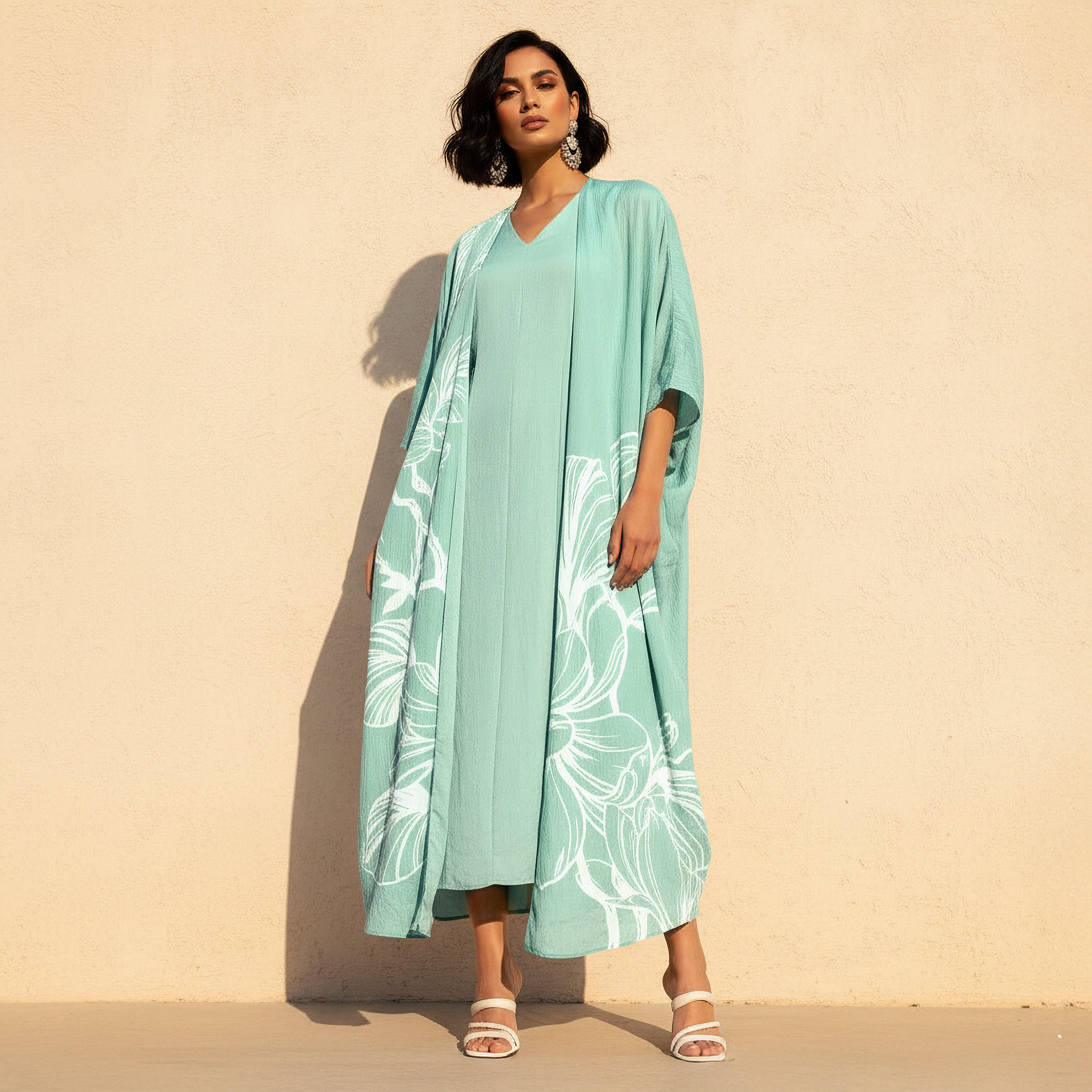 Iconic A-line Midi Dress and Shrug with Floral Print-women-clothing-coordsets-image-1
