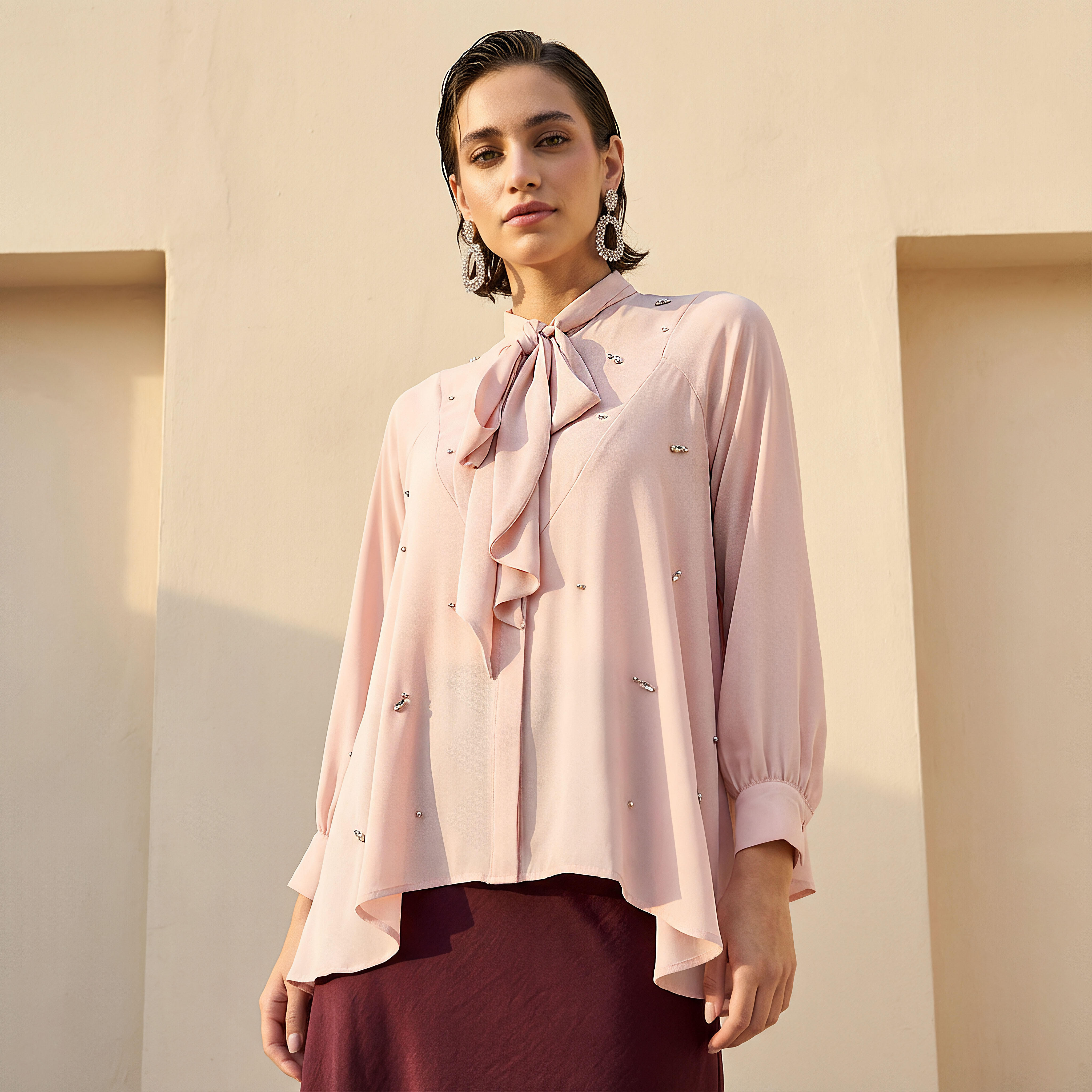Iconic Regular Fit Pussy Bow Neck Top with Embellishment-women-clothing-shirtsandblouses-blouses-image-1